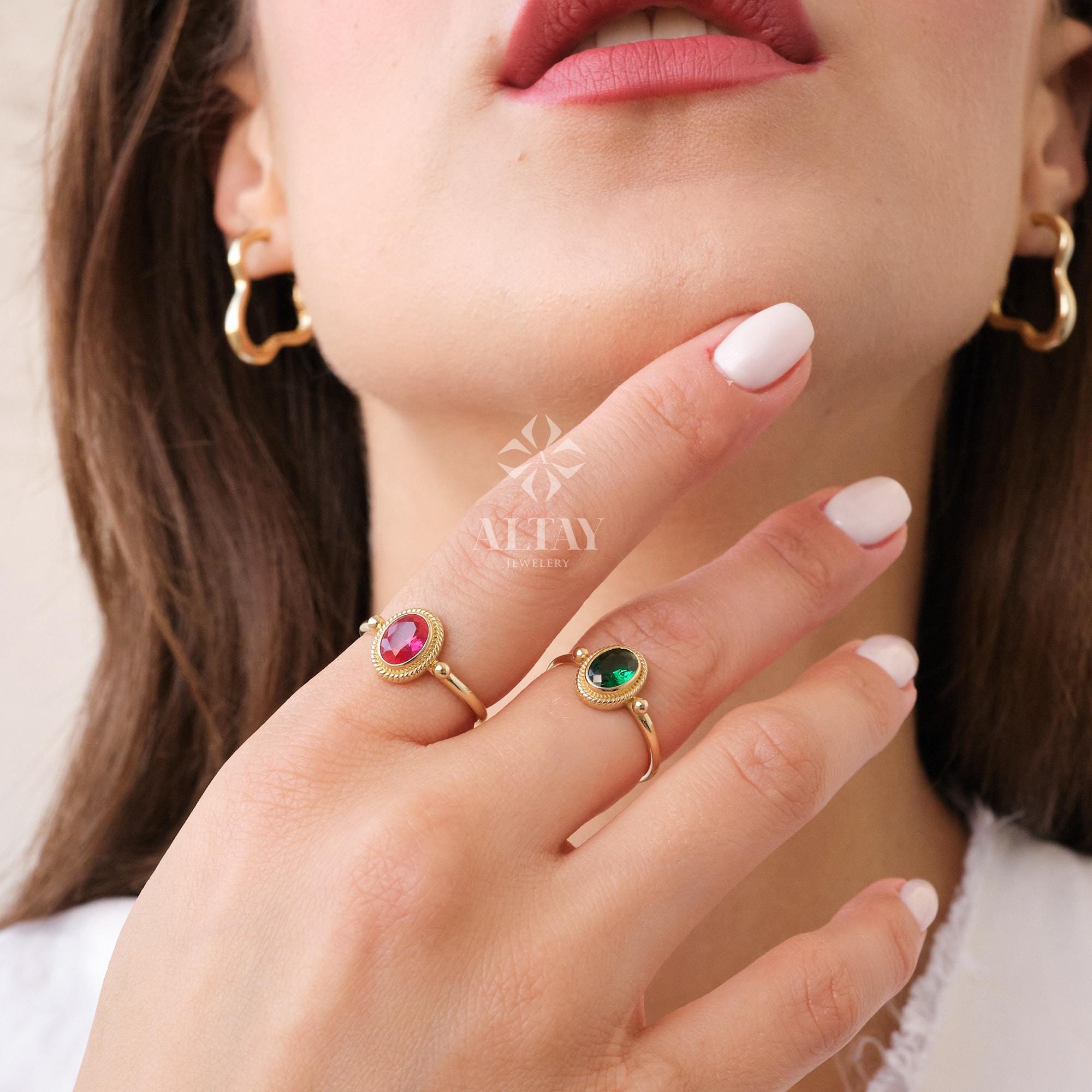 14K Gold Birthstone Ring, Emerald Gemstone Vintage Gold Stackable Ring, Dainty Gold Elegant Ring, Art Deco Wedding Band, Half Eternity Ring