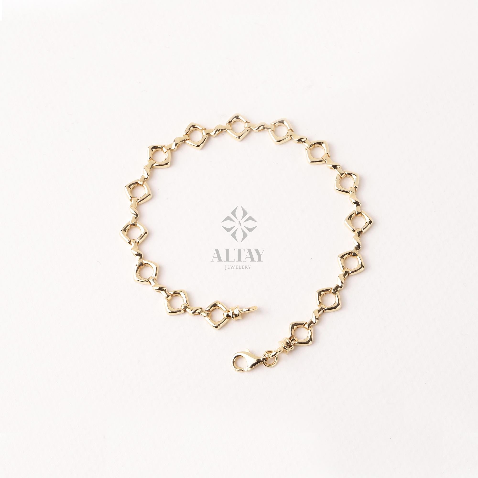 14K Gold Large Link Bracelet, Thick Square Chain Bracelet, Chunky Square Bracelet, Gold Statement Bracelet, Unique Round Chain Bracelet