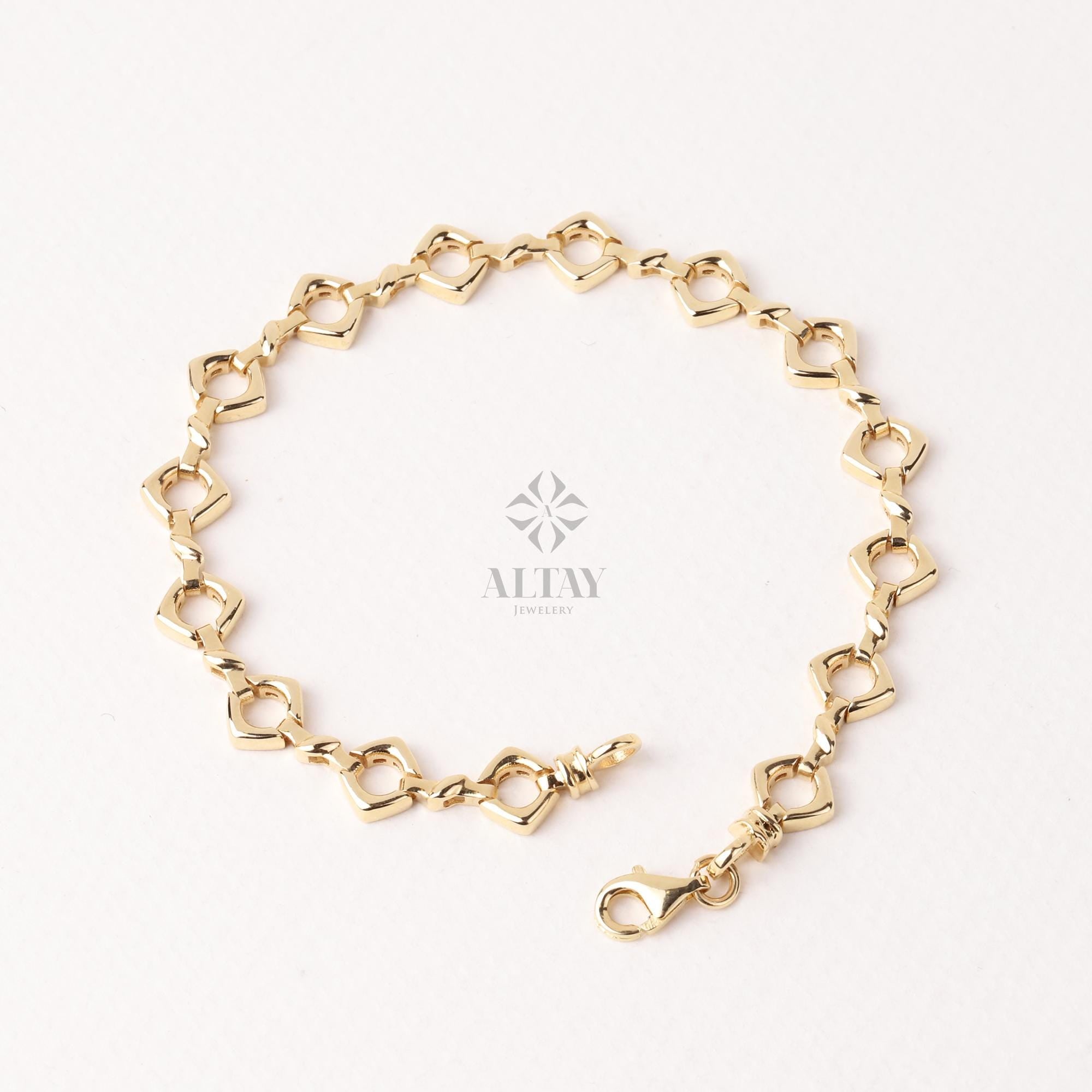 14K Gold Large Link Bracelet, Thick Square Chain Bracelet, Chunky Square Bracelet, Gold Statement Bracelet, Unique Round Chain Bracelet