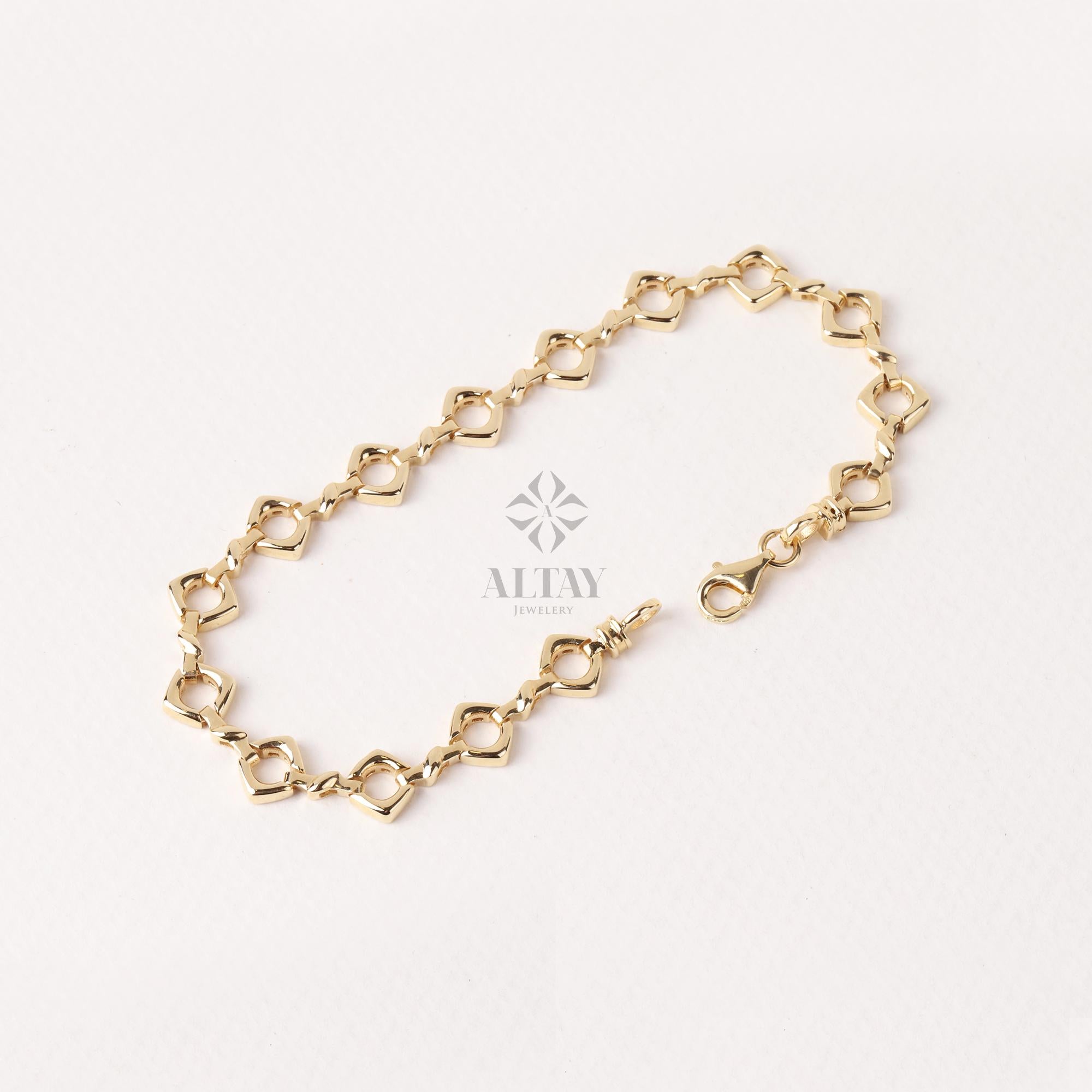 14K Gold Large Link Bracelet, Thick Square Chain Bracelet, Chunky Square Bracelet, Gold Statement Bracelet, Unique Round Chain Bracelet