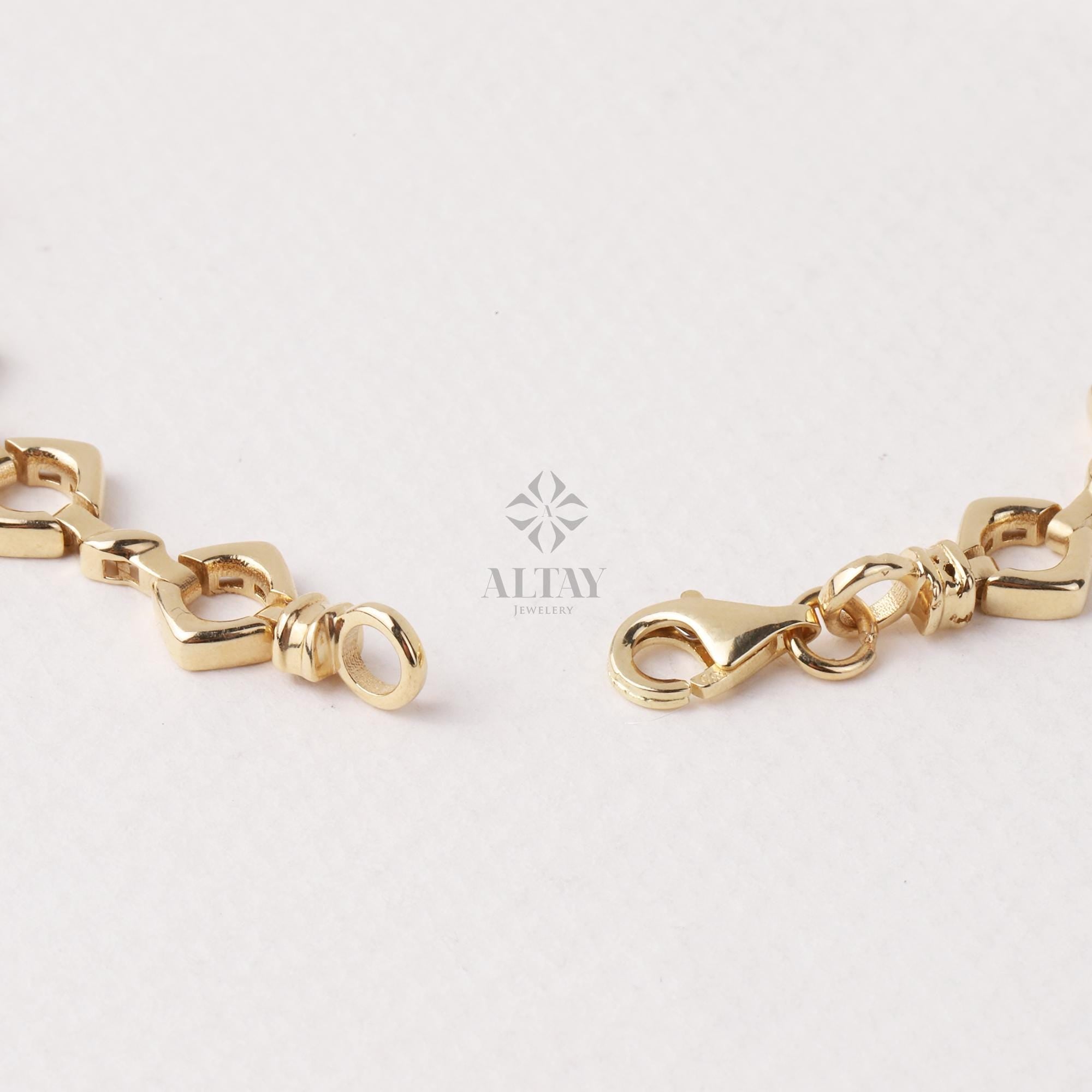 14K Gold Large Link Bracelet, Thick Square Chain Bracelet, Chunky Square Bracelet, Gold Statement Bracelet, Unique Round Chain Bracelet