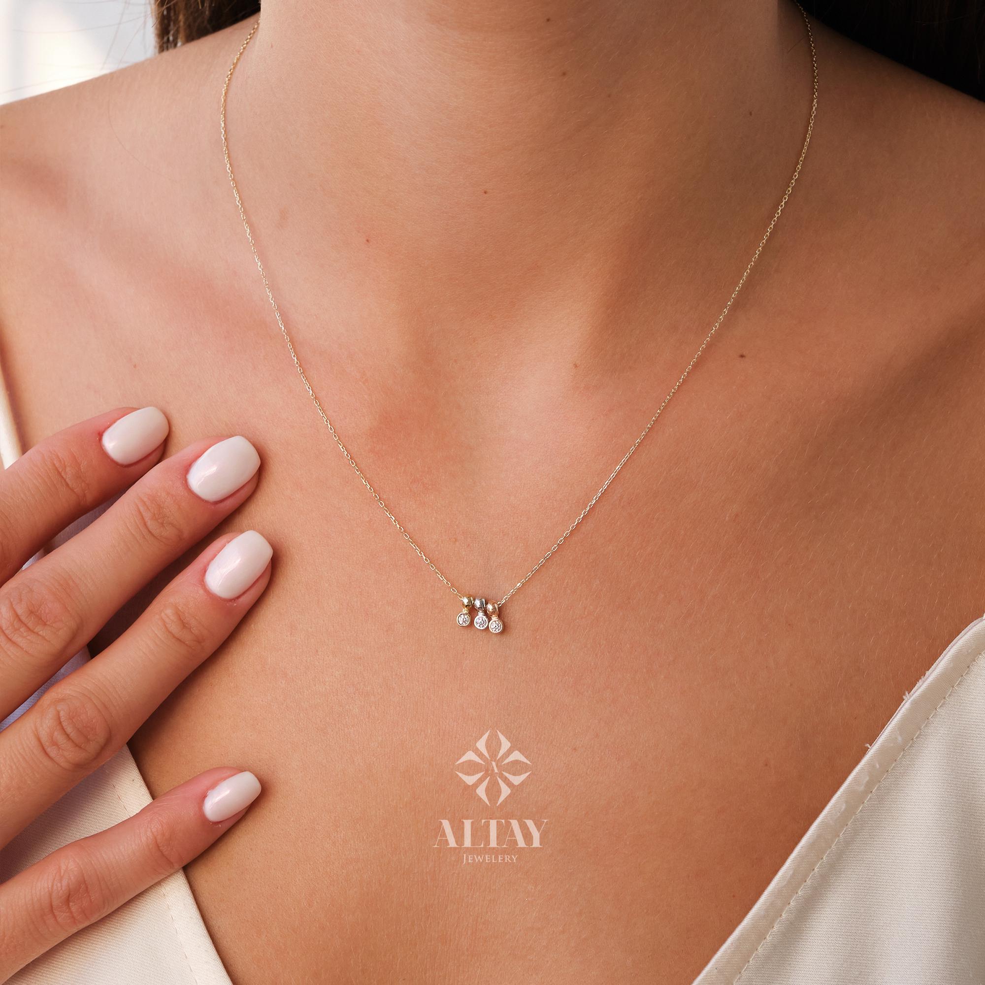 14K Gold Bezel Necklace, CZ Tri-Color Gold Charm, Natural Brilliant Cut Bezel Necklace, Dainty Gold Choker, Bridesmaid Gift, Christmas