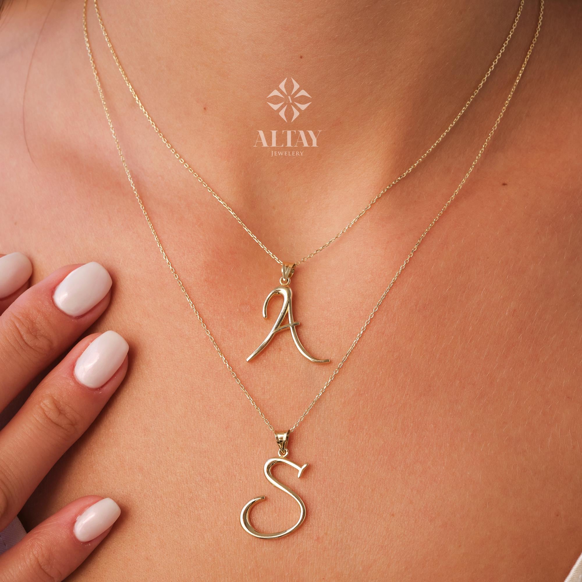 14K Gold Initial Necklace, Custom Cursive Letter Pendant, Real Gold Alphabet Charm Necklace, Personalized Gift for Her, Dainty Jewelry