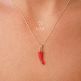 14K Gold Red Horn Necklace, Italian Cornicello Amulet