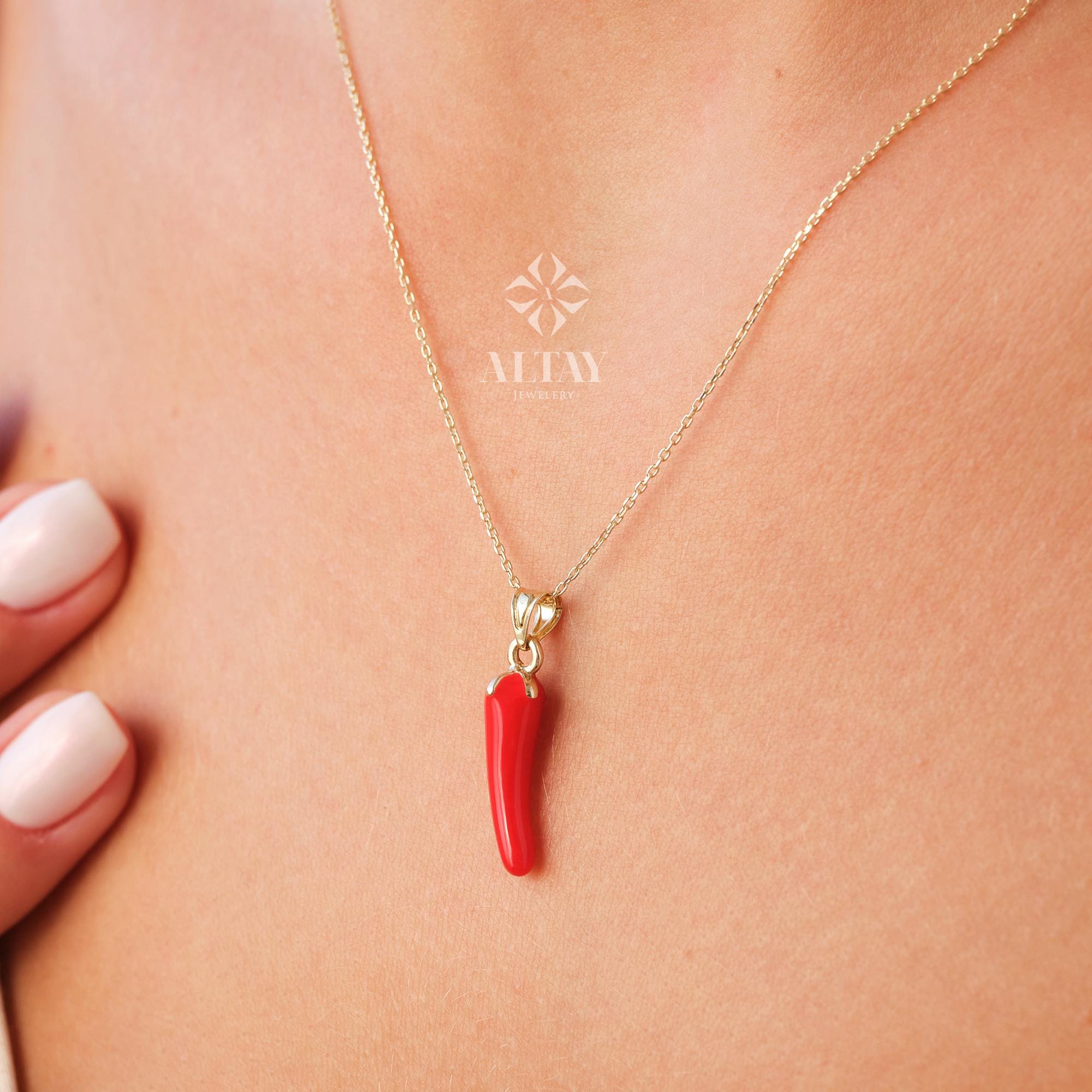 14K Gold Red Horn Necklace, Italian Cornicello Amulet, Chili Pepper Pendant, Lucky Talisman Jewelry, Evil Eye Protection Gift