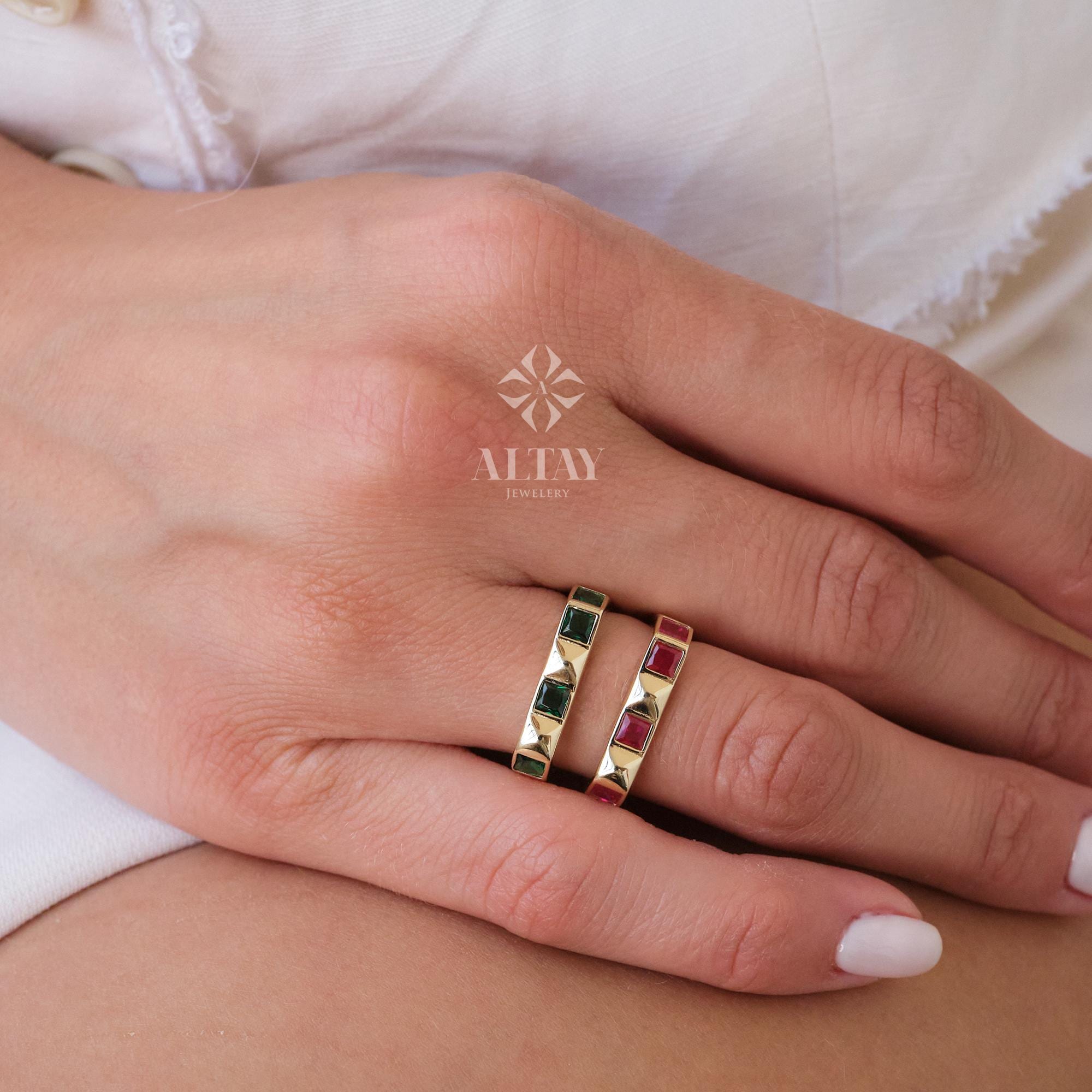 14K Gold Gemstone Ring, Colorful Stackable Ring, Square Stone Gold Band, Dainty Real Gold Ring, Green Red Pink Stone Ring