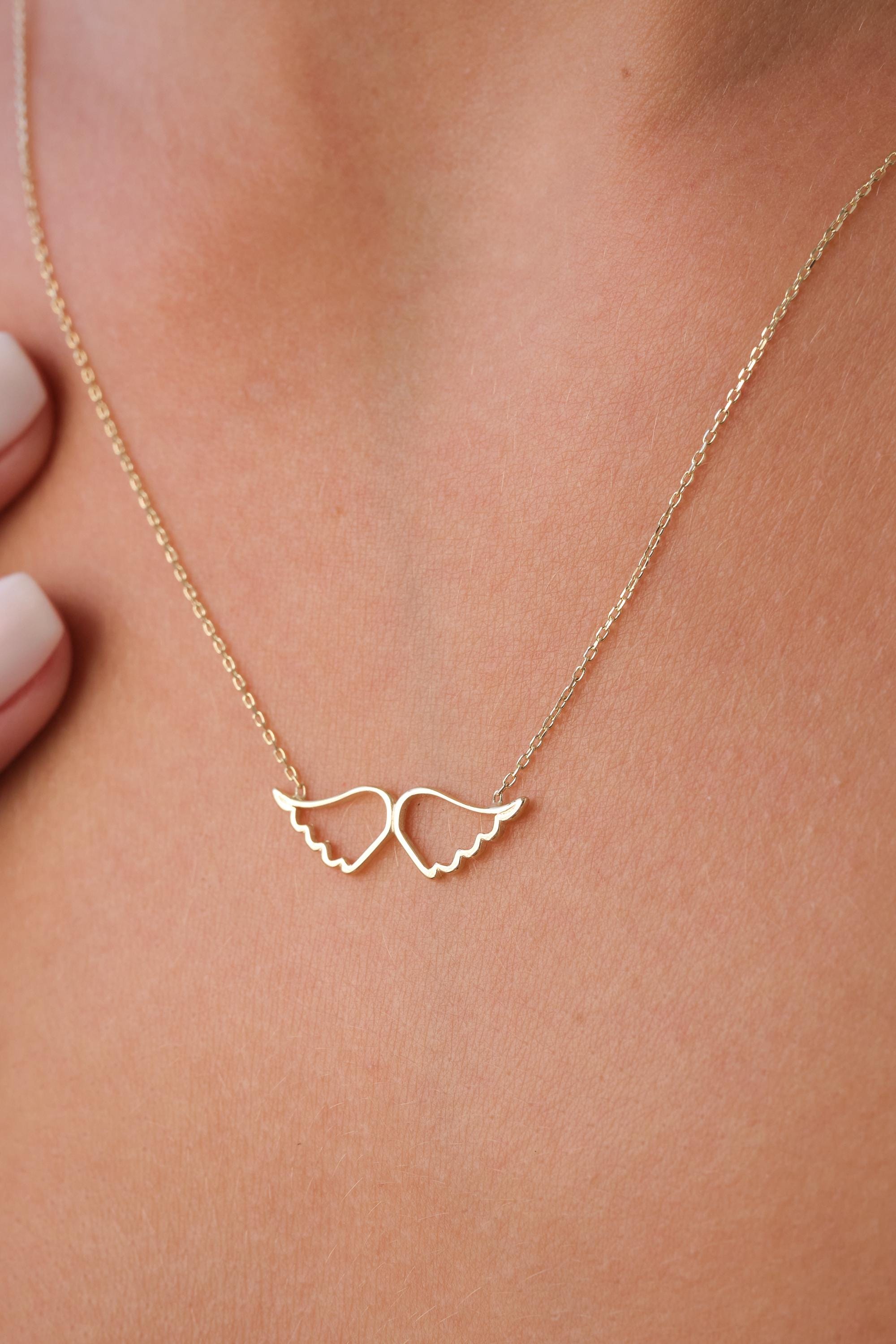14K Gold Angel Wings Necklace, Open Wing Heart Pendant, Minimal Real Gold Necklace, Symbolic Love Jewelry, Meaningful Gift for Her