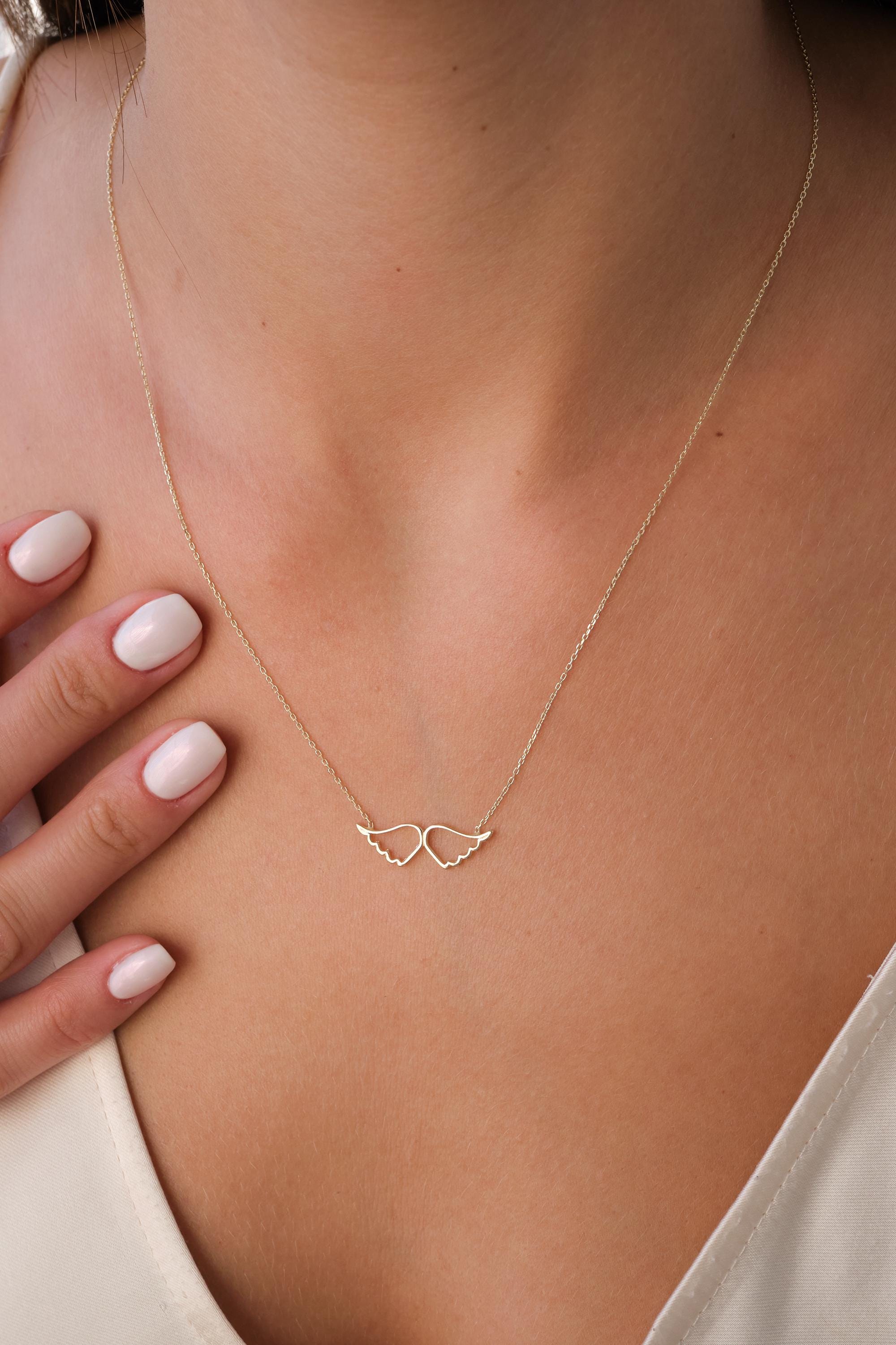14K Gold Angel Wings Necklace, Open Wing Heart Pendant, Minimal Real Gold Necklace, Symbolic Love Jewelry, Meaningful Gift for Her