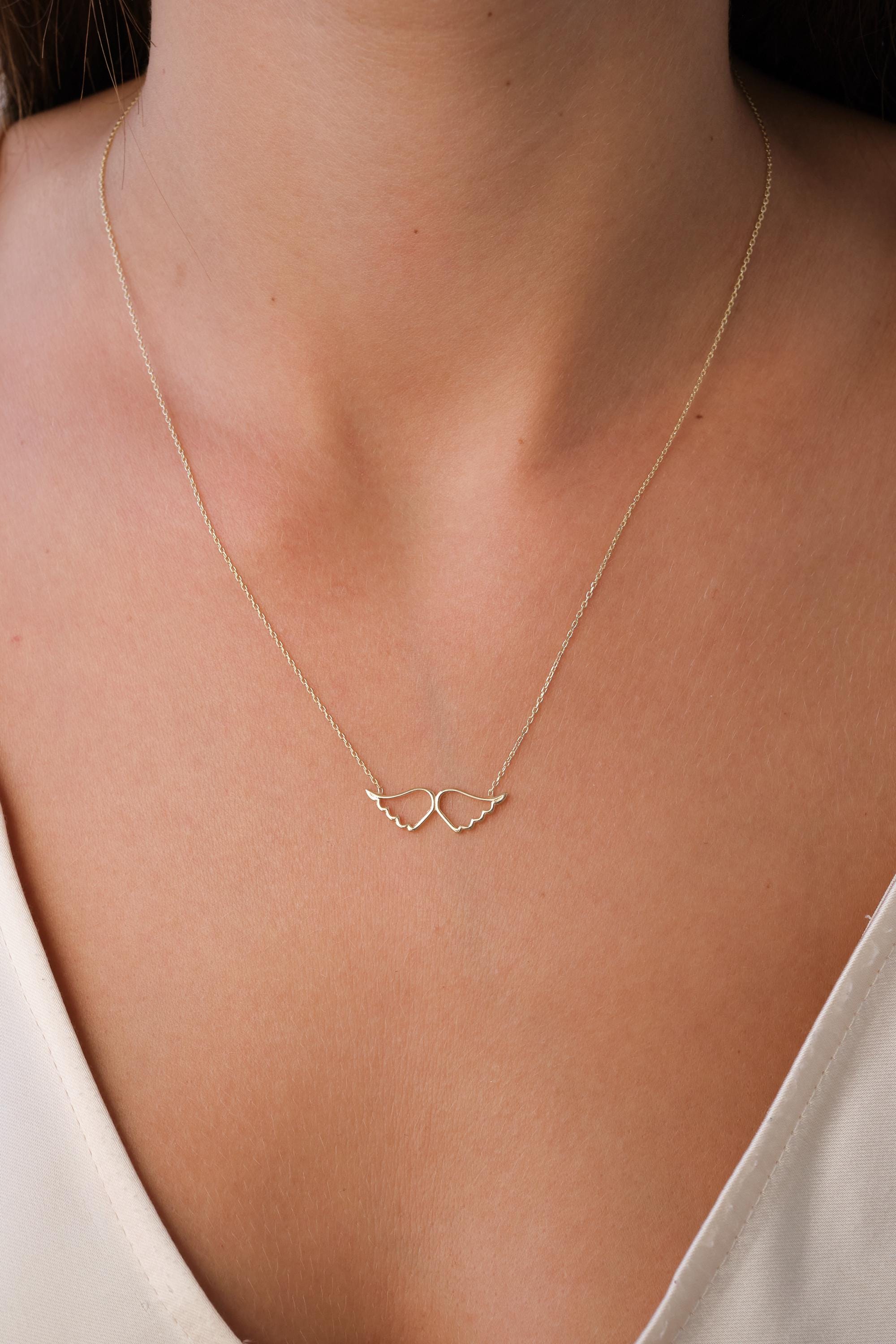 14K Gold Angel Wings Necklace, Open Wing Heart Pendant, Minimal Real Gold Necklace, Symbolic Love Jewelry, Meaningful Gift for Her