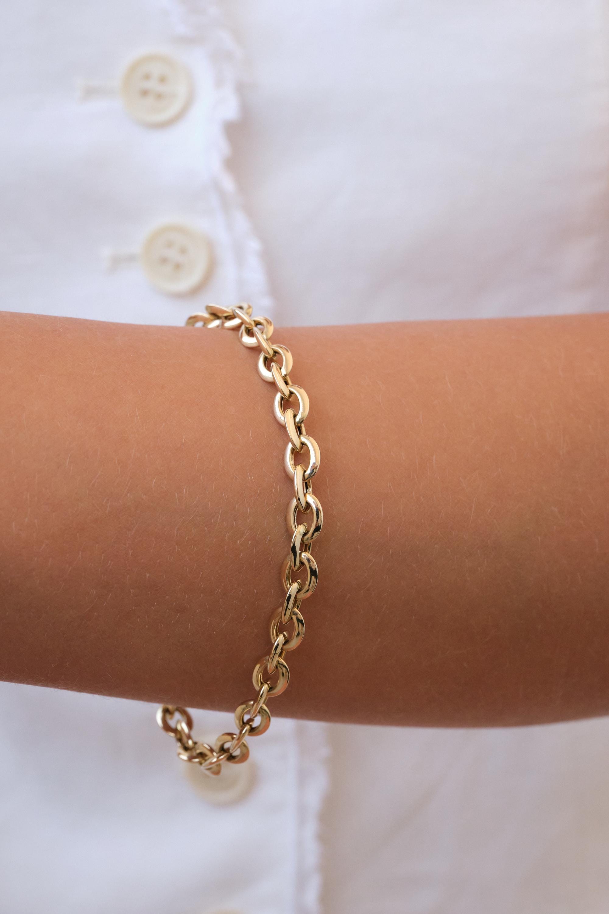 14K Gold Chain Bracelet, 5mm Classic Gold Link Bracelet, Everyday Gold Bracelet, Timeless Real Gold Jewelry Gift for Her