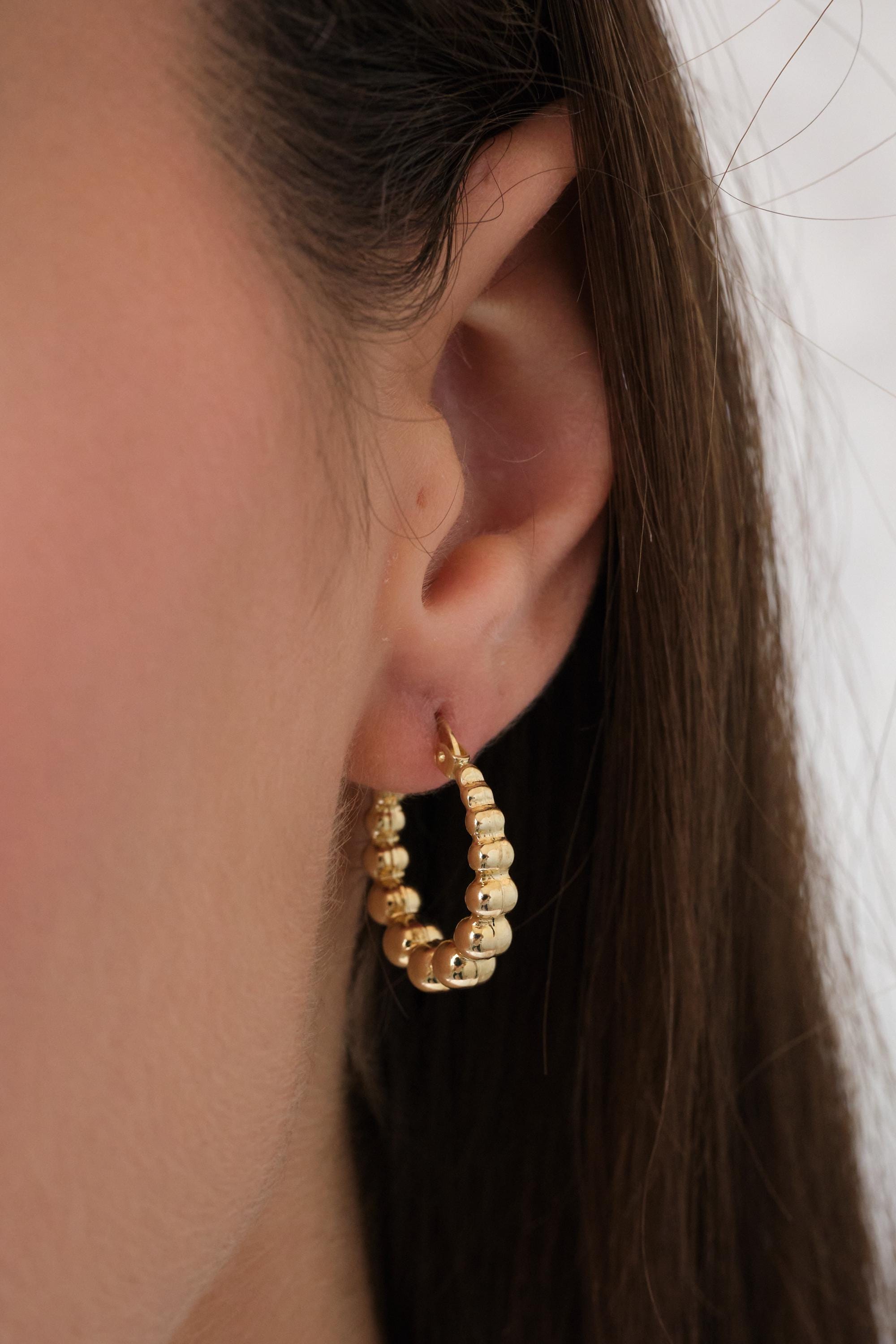 14K Gold Beaded Hoop Earrings, Classic Gold Hoop Earrings, Everyday Gold Hoops, Timeless Real Gold Earrings Gift for Her