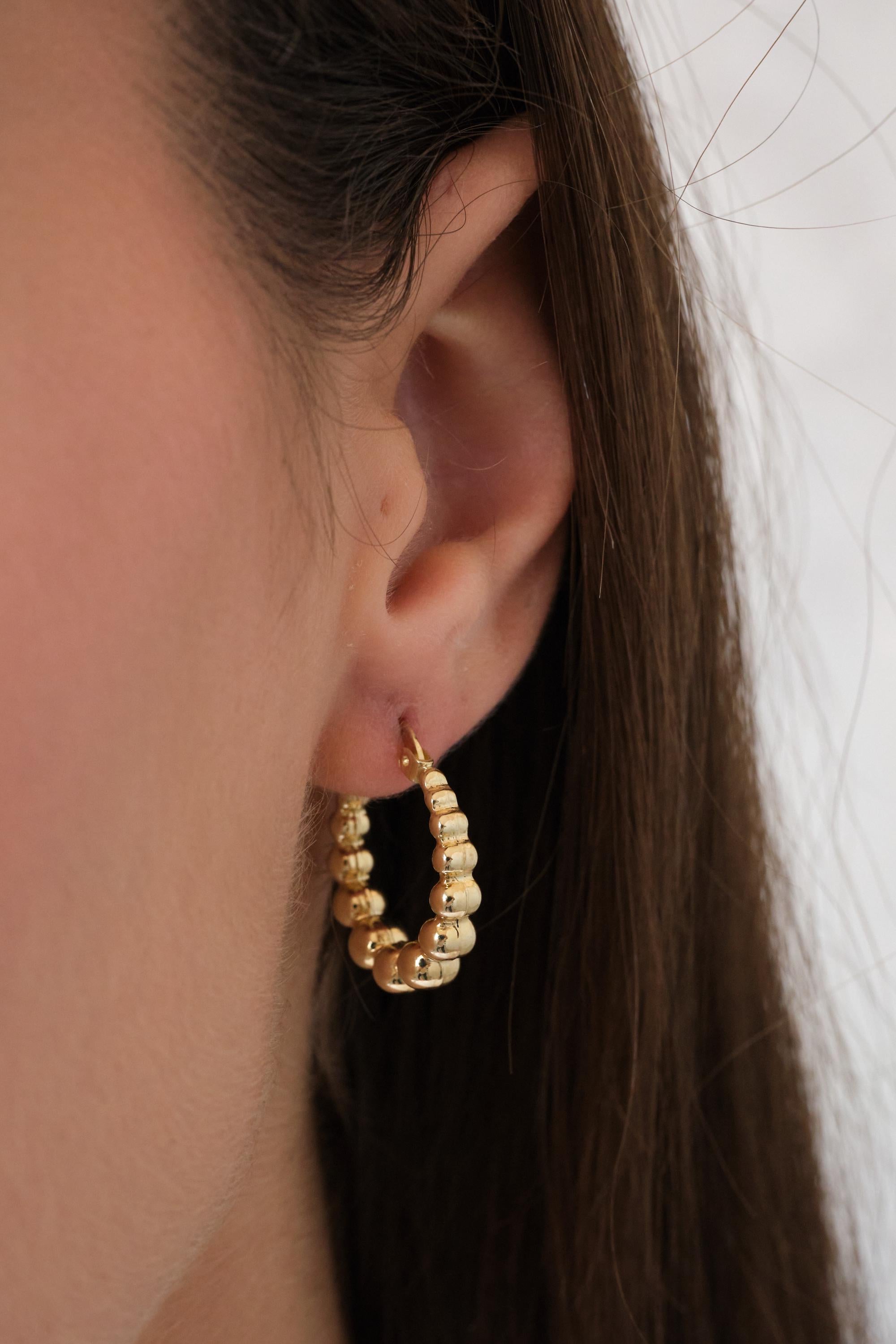 14K Gold Beaded Hoop Earrings, Classic Gold Hoop Earrings, Everyday Gold Hoops, Timeless Real Gold Earrings Gift for Her