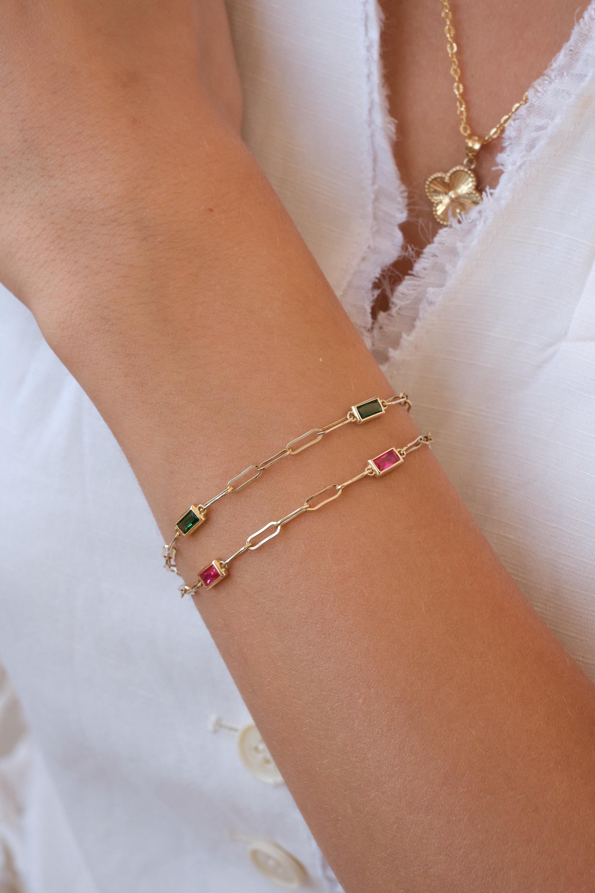 14K Gold Paperclip Chain Bracelet, Gemstone Link Bracelet, Dainty Gold Bracelet, Minimal Everyday Gold Jewelry Gift for Her