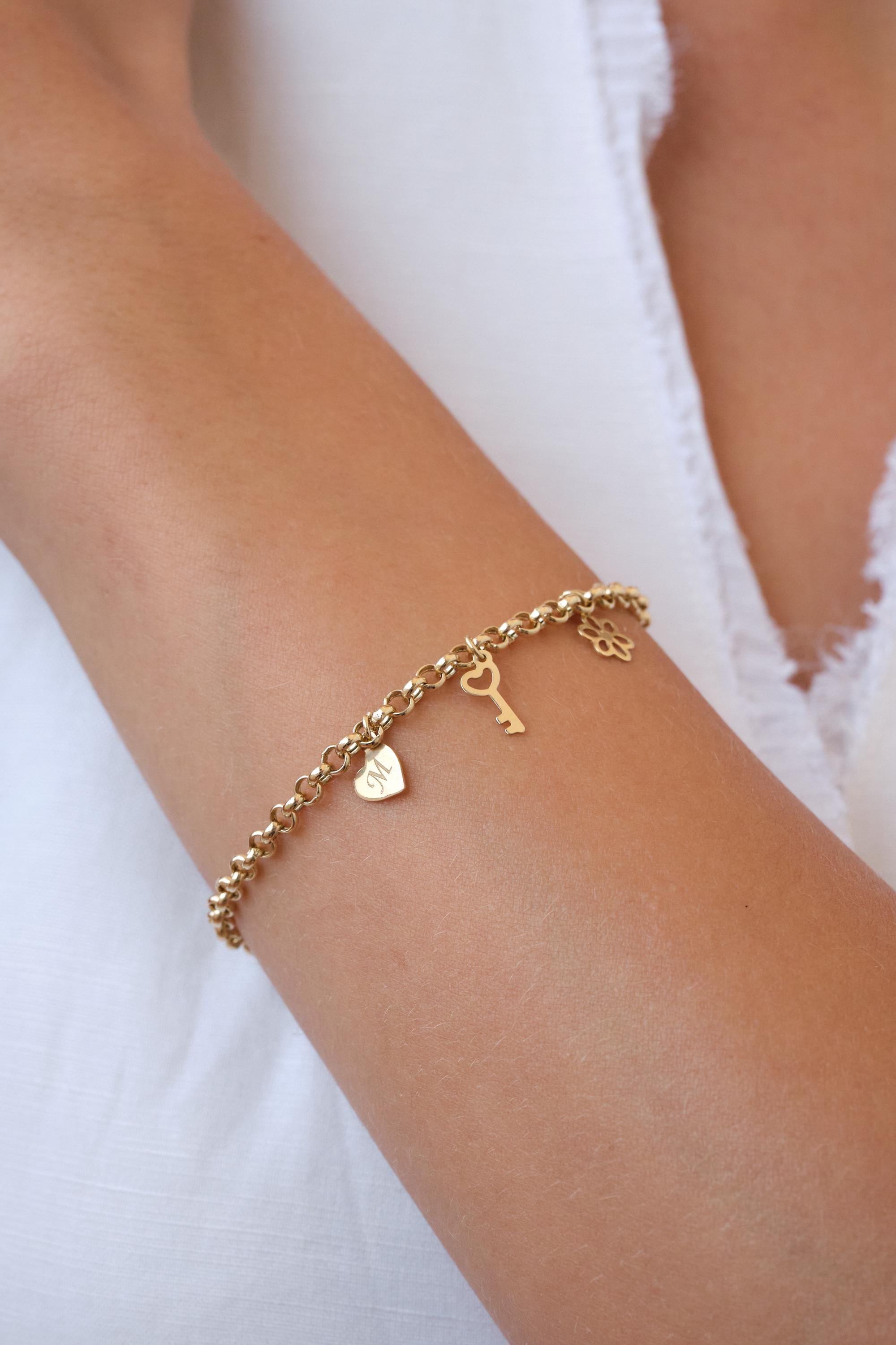 14K Gold Charm Bracelet, Initial Heart Charm Bracelet, Dainty Gold Chain Bracelet with Key Charm, Personalized Gold Jewelry Gift