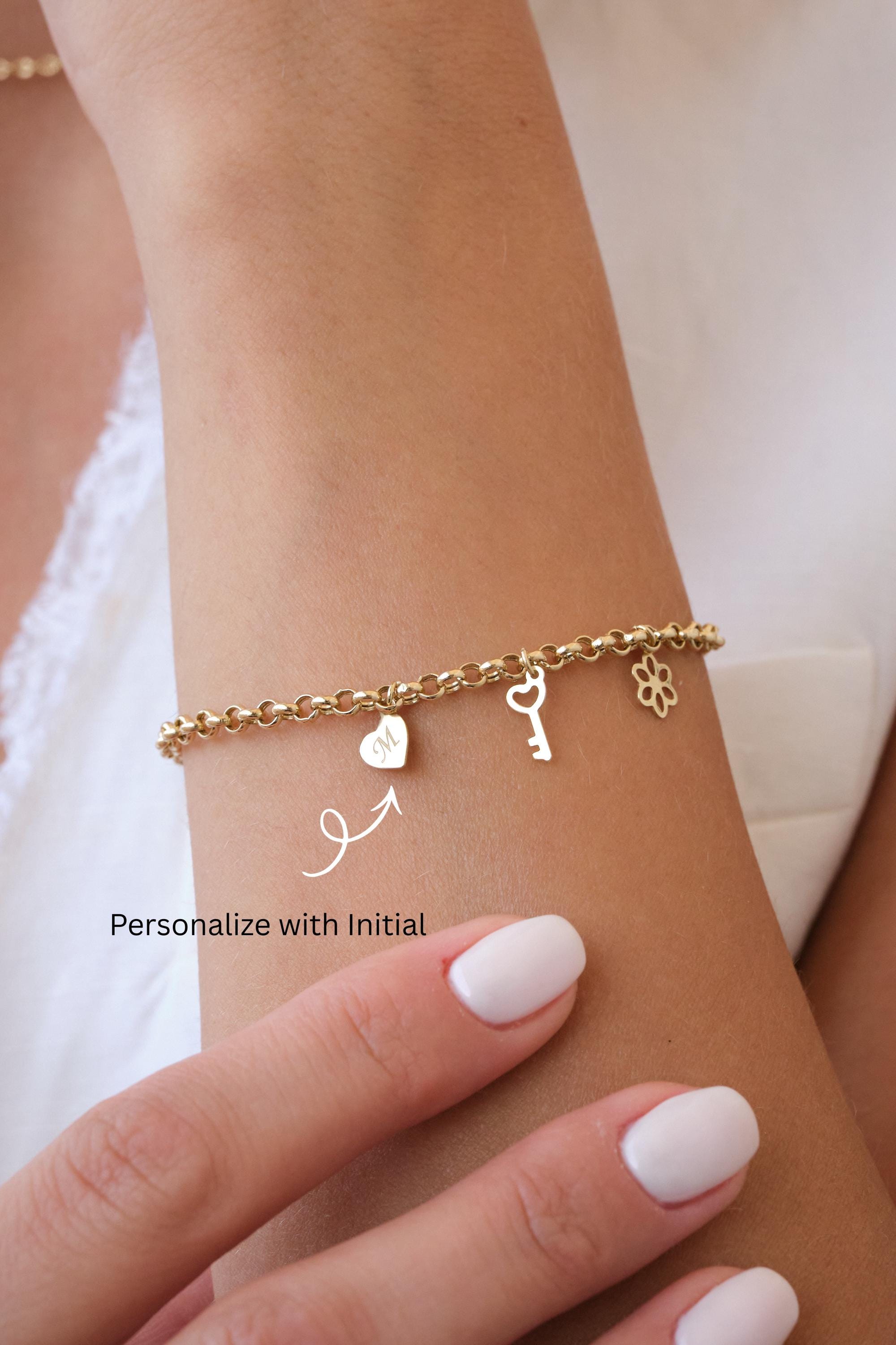 14K Gold Charm Bracelet, Initial Heart Charm Bracelet, Dainty Gold Chain Bracelet with Key Charm, Personalized Gold Jewelry Gift