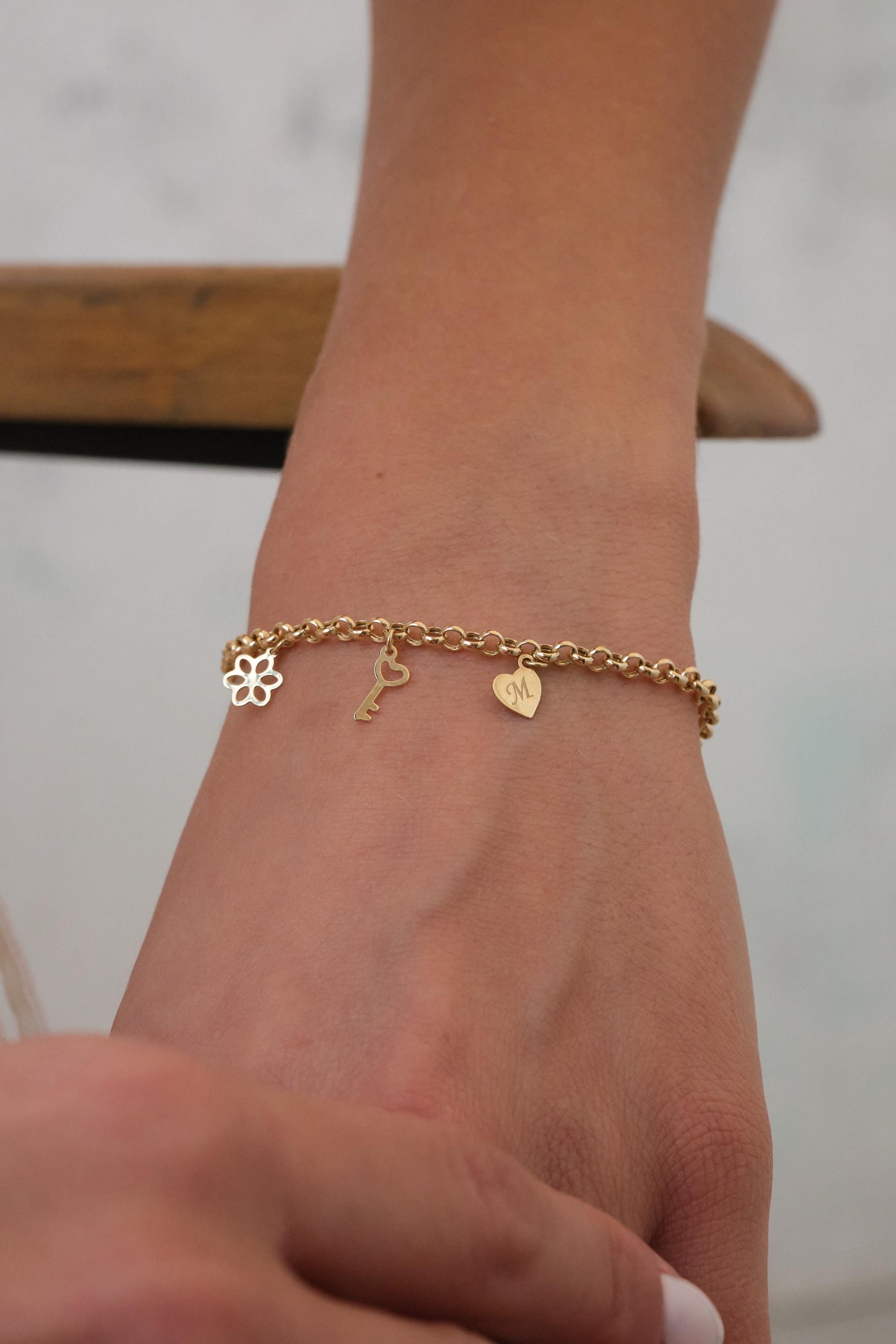 14K Gold Charm Bracelet, Initial Heart Charm Bracelet, Dainty Gold Chain Bracelet with Key Charm, Personalized Gold Jewelry Gift