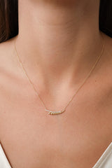 14K Gold Beaded Bar Necklace with CZ, Dainty Curved Bar Necklace