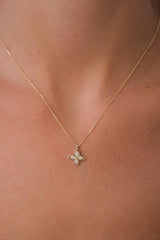 14K Gold Quatrefoil Necklace with CZ, Dainty Gold Floral Necklace