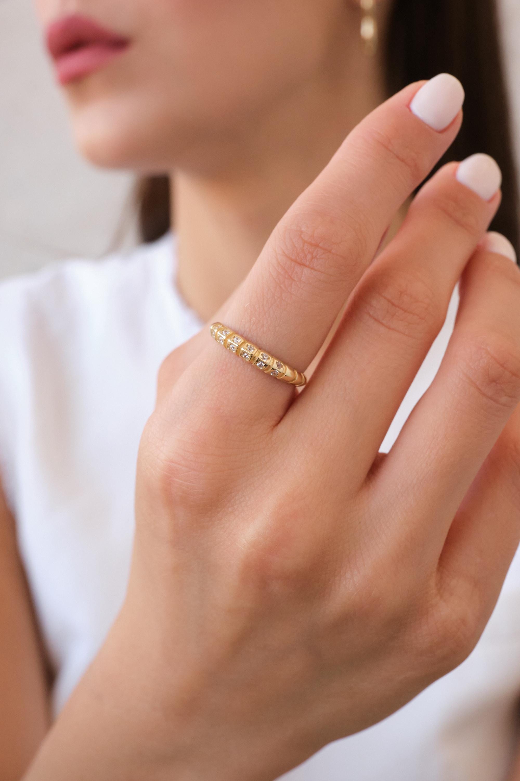 14K Gold Dome Croissant Ring with CZ, Chunky Pave Gold Ring, Statement Dome Ring, Luxury Croissant Ring, Bold Gold Ring for Her