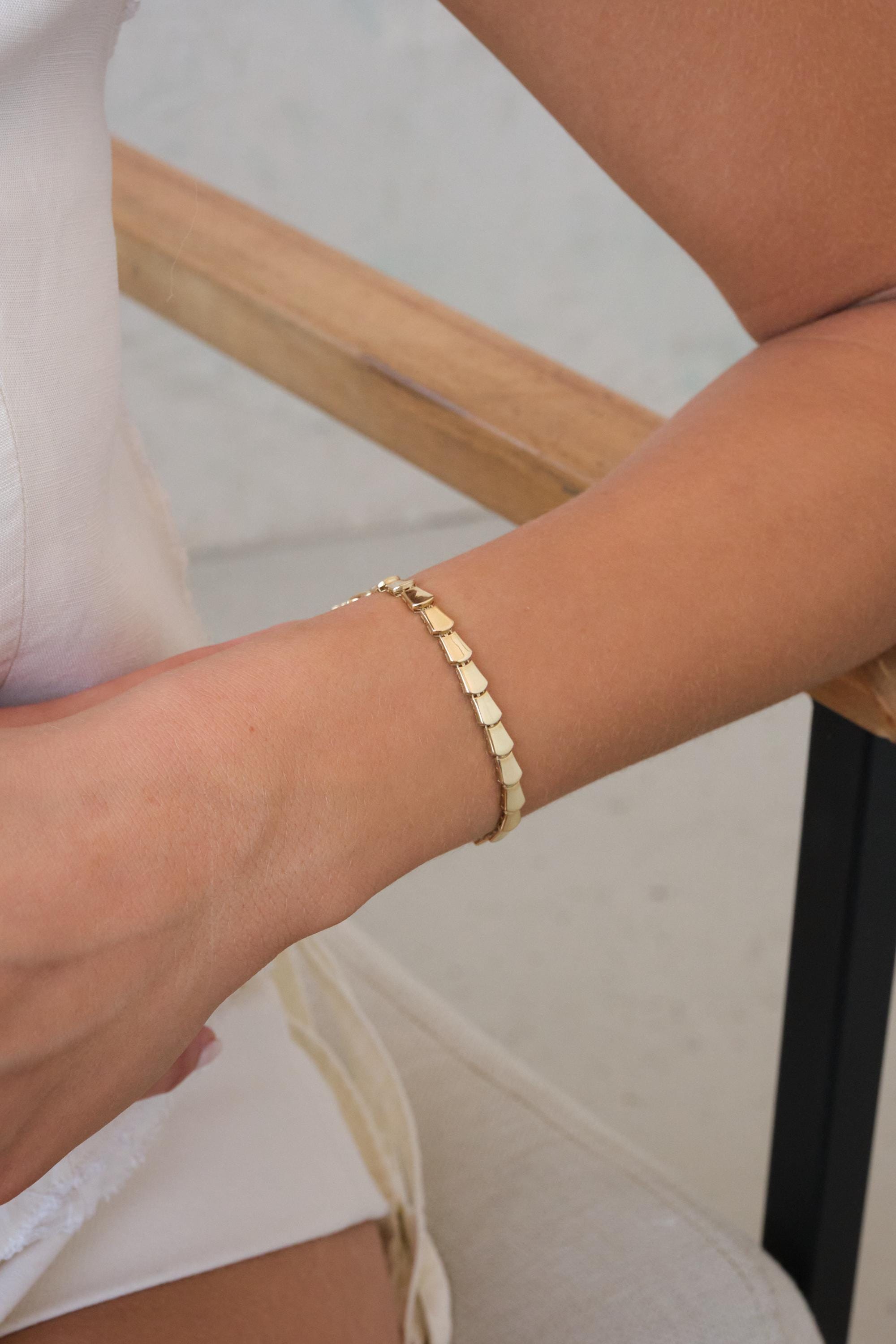 14K Gold Brick Link Bracelet, 5mm Geometric Gold Tile Bracelet, Modern Tapered Link Bracelet, Minimal Statement Gold Jewelry, Gift for Her