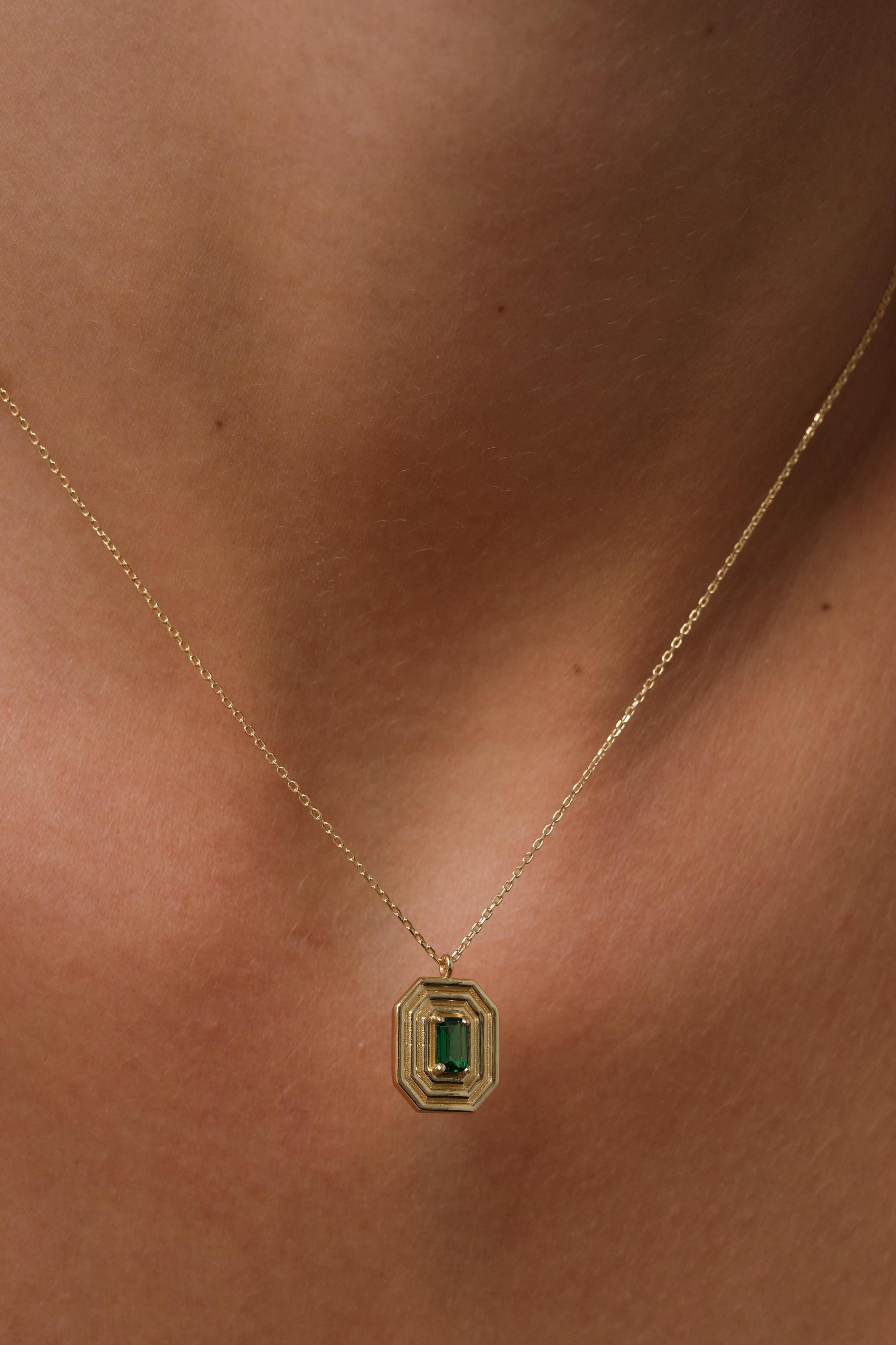 14K Gold Art Deco Emerald Pendant Necklace, Emerald Cut Green CZ Necklace, Geometric Gold Frame Necklace, Vintage Inspired Gold Necklace