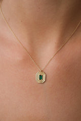 14K Gold Art Deco Emerald Pendant Necklace, Emerald Cut Green CZ Necklace