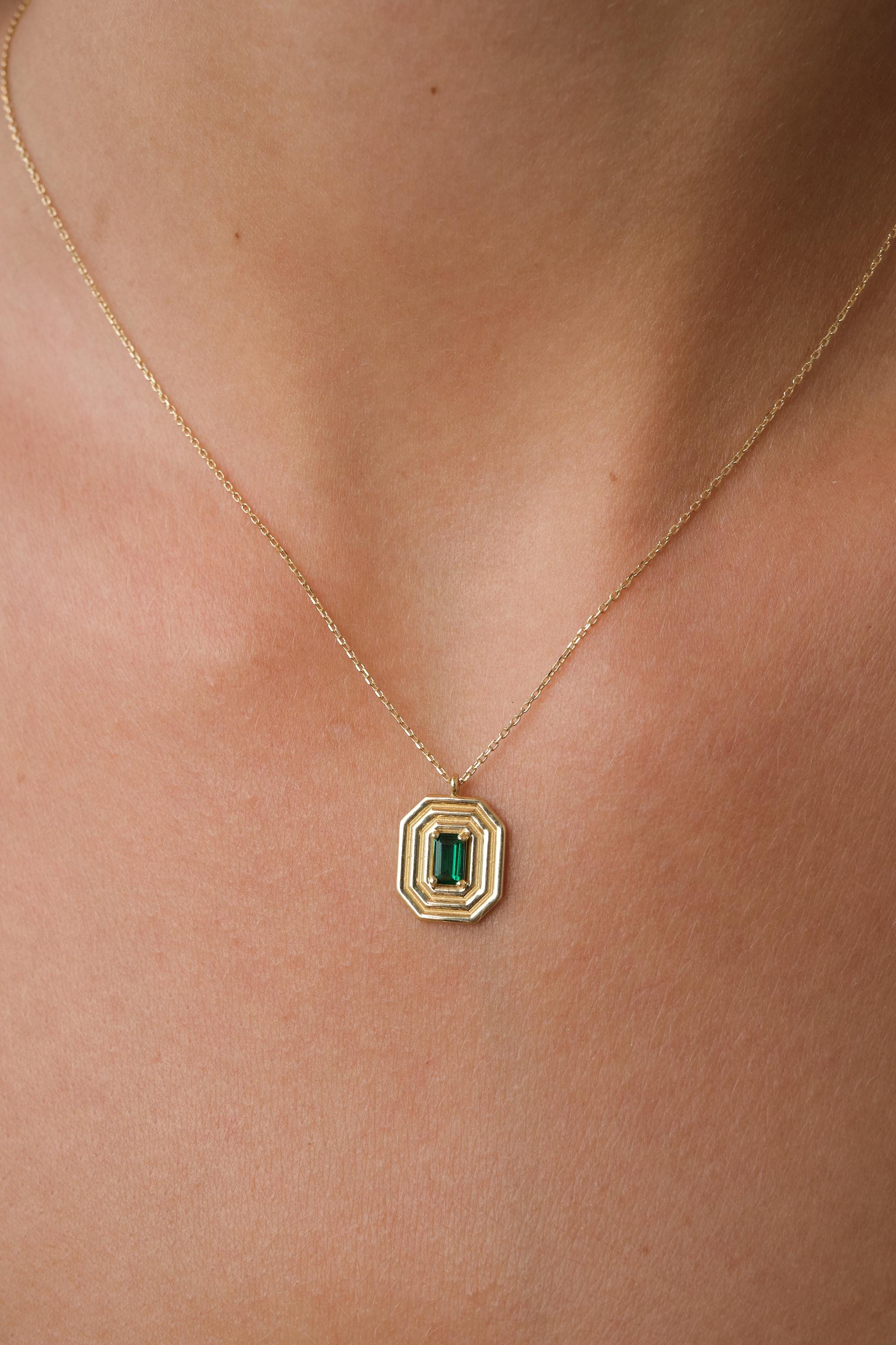 14K Gold Art Deco Emerald Pendant Necklace, Emerald Cut Green CZ Necklace, Geometric Gold Frame Necklace, Vintage Inspired Gold Necklace