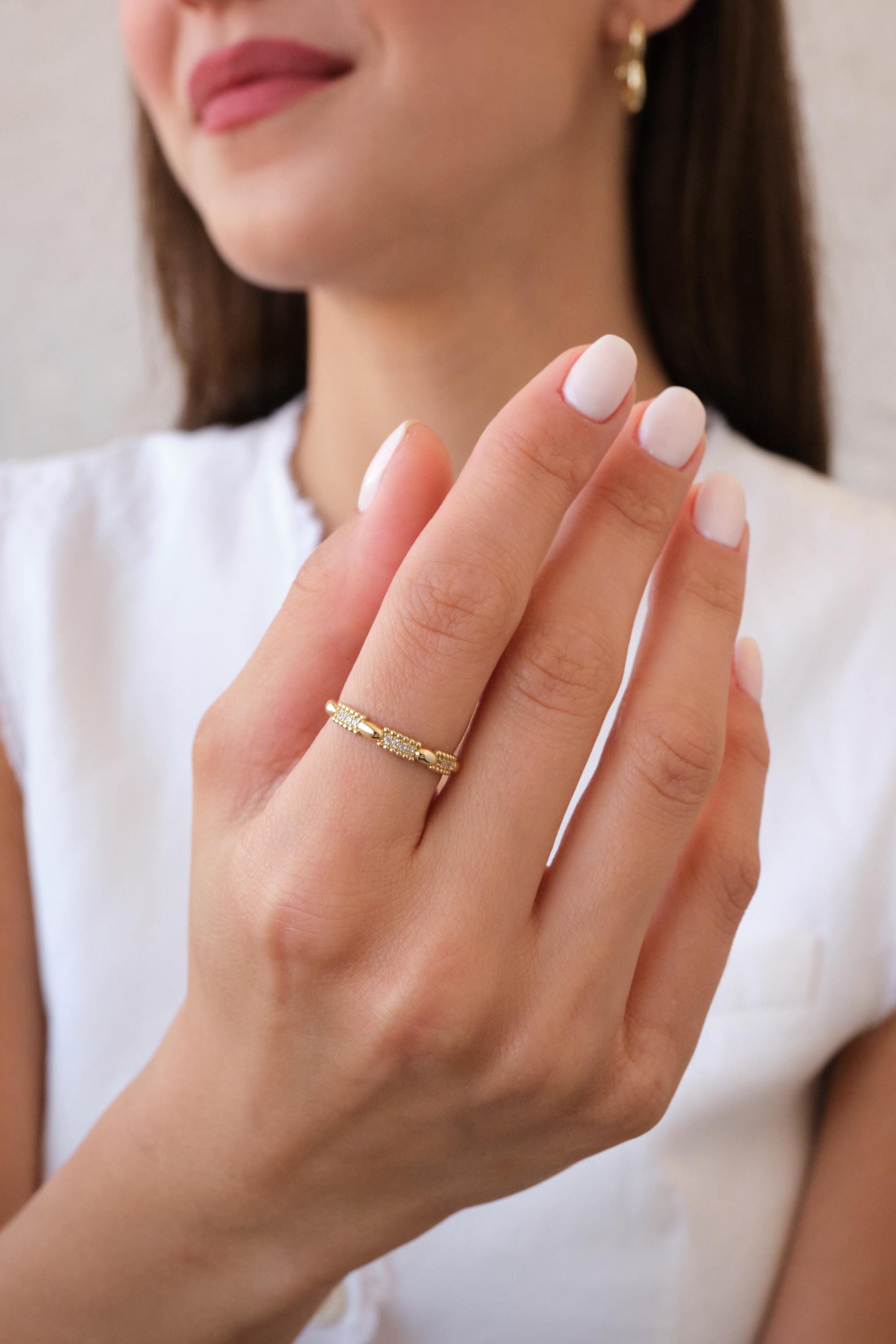 14K Gold CZ Bar Ring, Dainty Bar Station Ring, Minimal Pavé Gold Ring, Thin Everyday Gold Ring, Stacking Ring Gift for Her