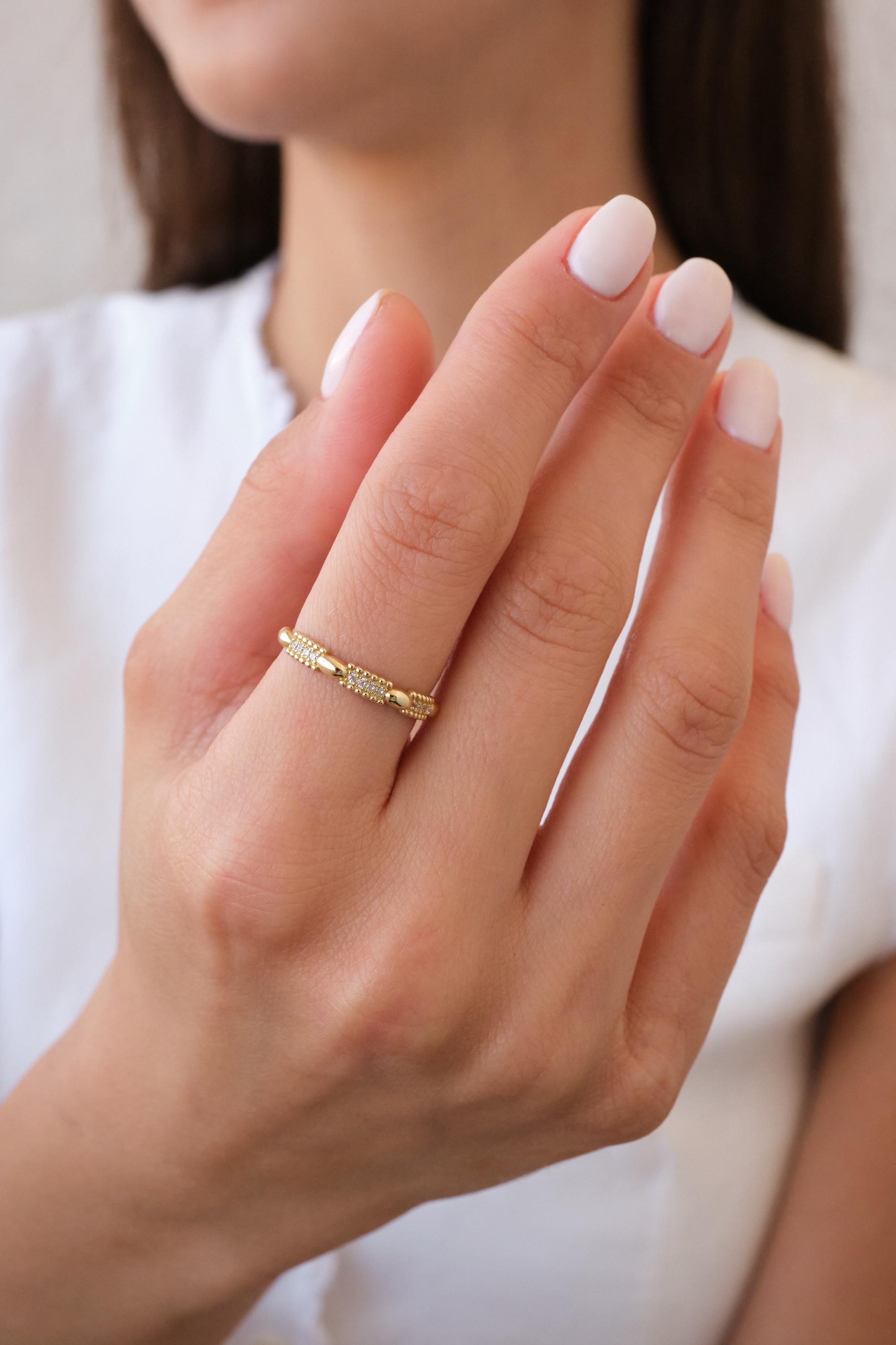 14K Gold CZ Bar Ring, Dainty Bar Station Ring, Minimal Pavé Gold Ring, Thin Everyday Gold Ring, Stacking Ring Gift for Her