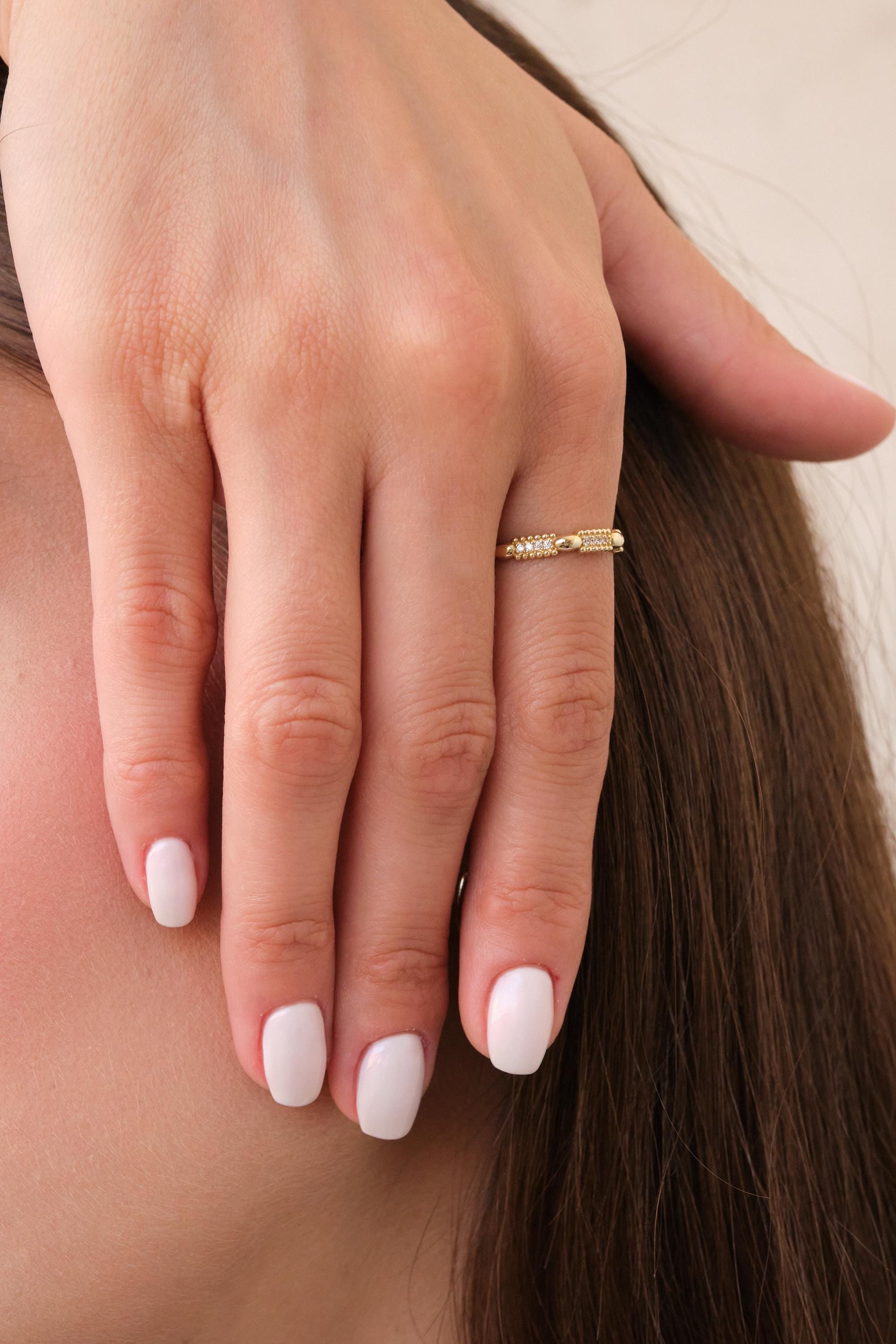 14K Gold CZ Bar Ring, Dainty Bar Station Ring, Minimal Pavé Gold Ring, Thin Everyday Gold Ring, Stacking Ring Gift for Her