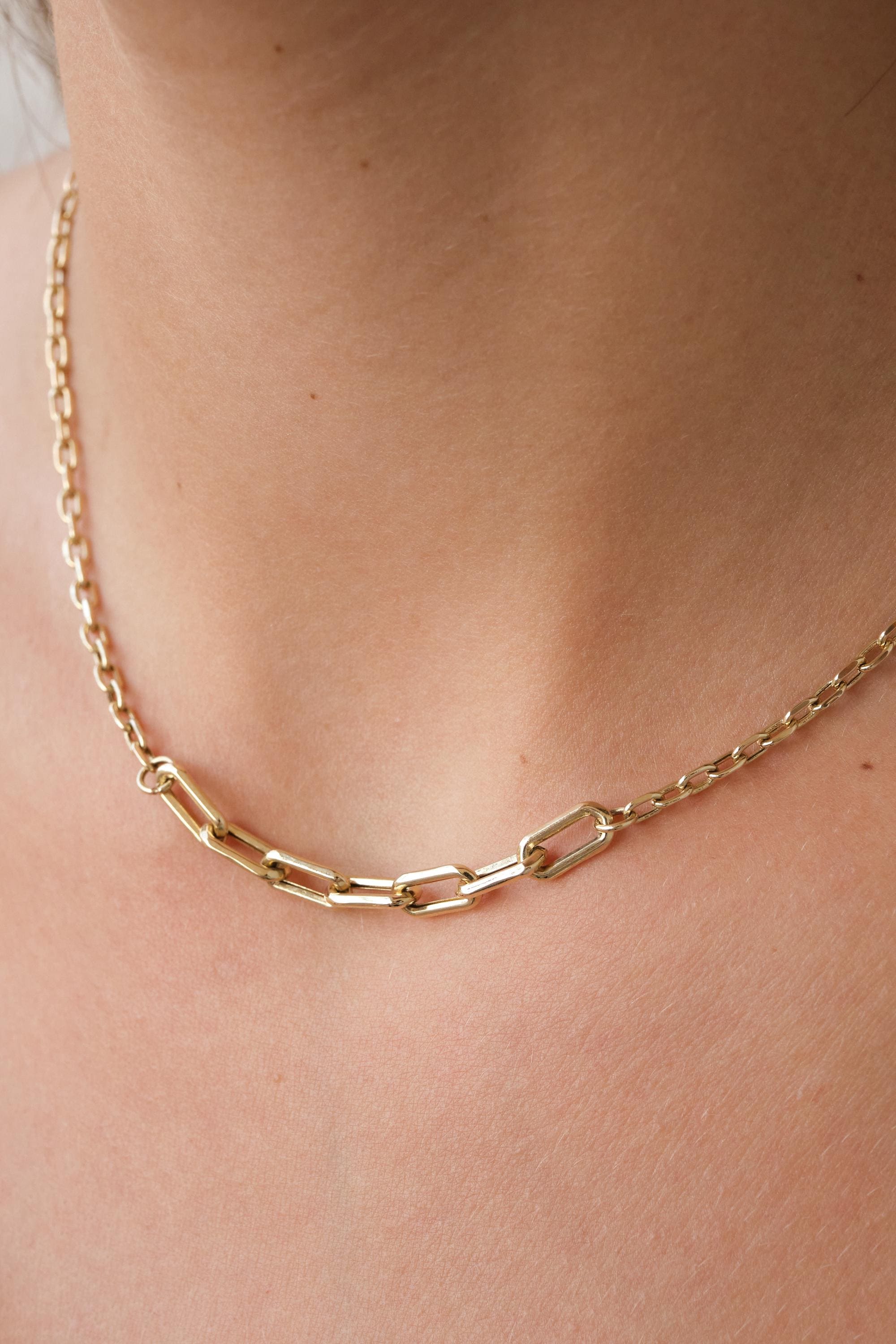 14K Gold Paperclip Necklace, Modern Elongated Link Chain, Minimal Gold Chain Necklace, Center Link Paperclip Necklace, Everyday Gold Jewelry