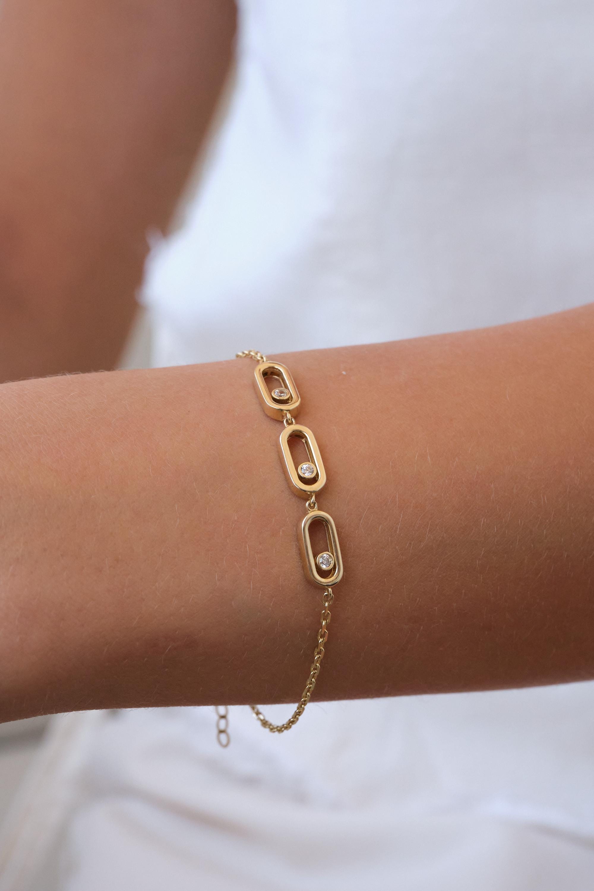 14K Gold CZ Paperclip Bracelet, Oval Link Gold Bracelet, Minimal Sparkly Gold Chain Bracelet, Cubic Zirconia Link Bracelet, Gift for Her