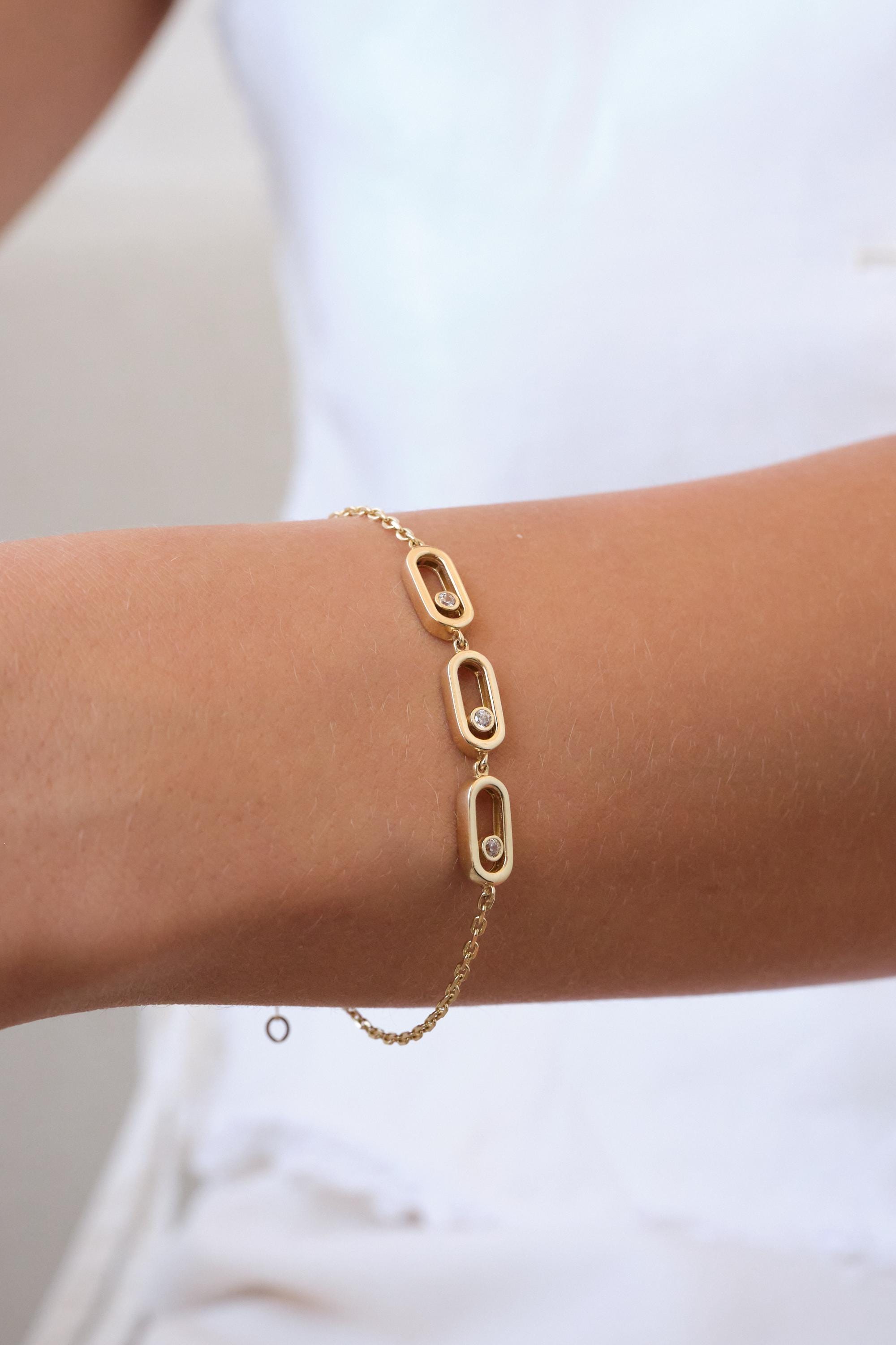 14K Gold CZ Paperclip Bracelet, Oval Link Gold Bracelet, Minimal Sparkly Gold Chain Bracelet, Cubic Zirconia Link Bracelet, Gift for Her