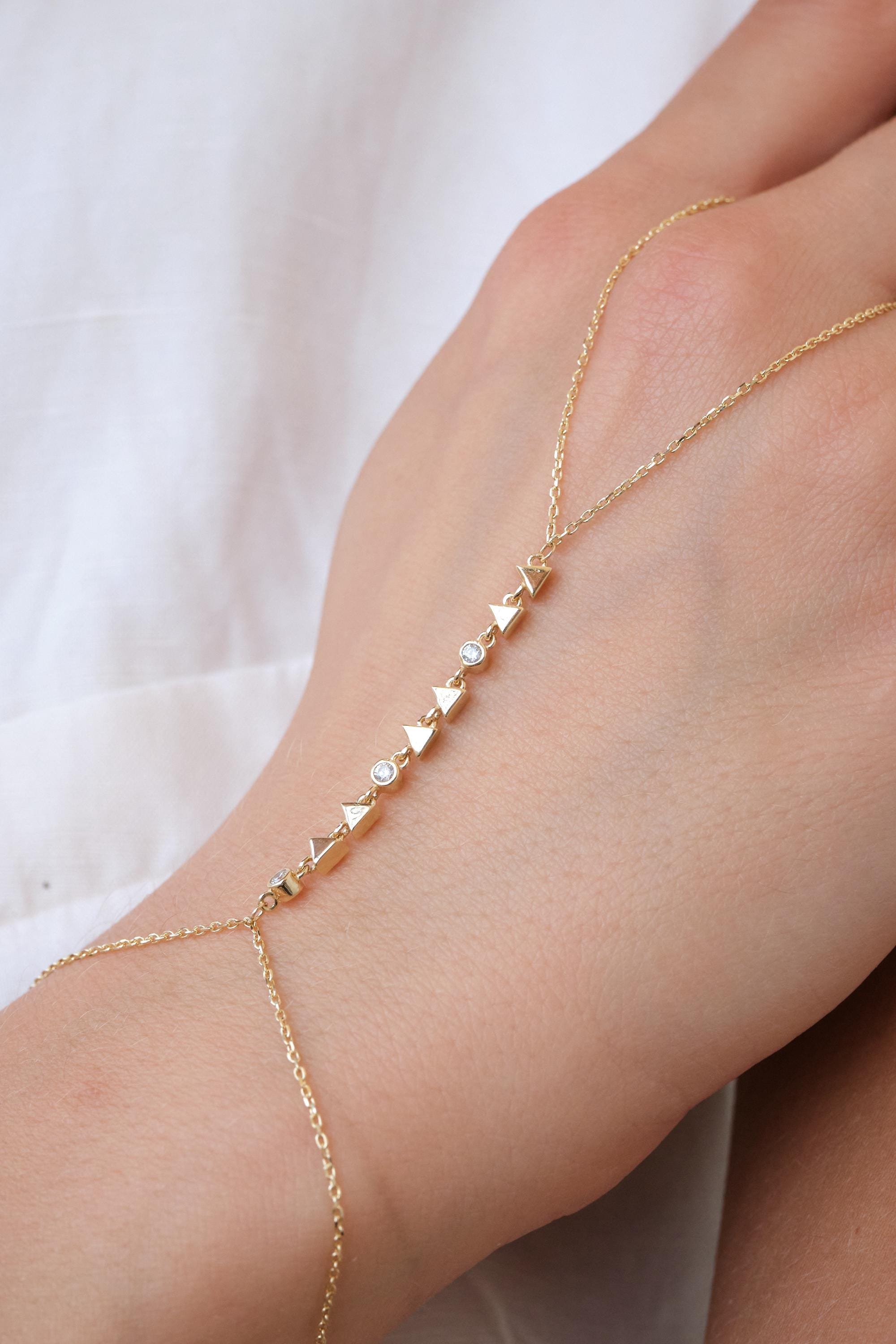 14K Gold Slave Hand Chain Bracelet, Cz Ring Bracelet, Minimal Hand Harness Jewelry for Women