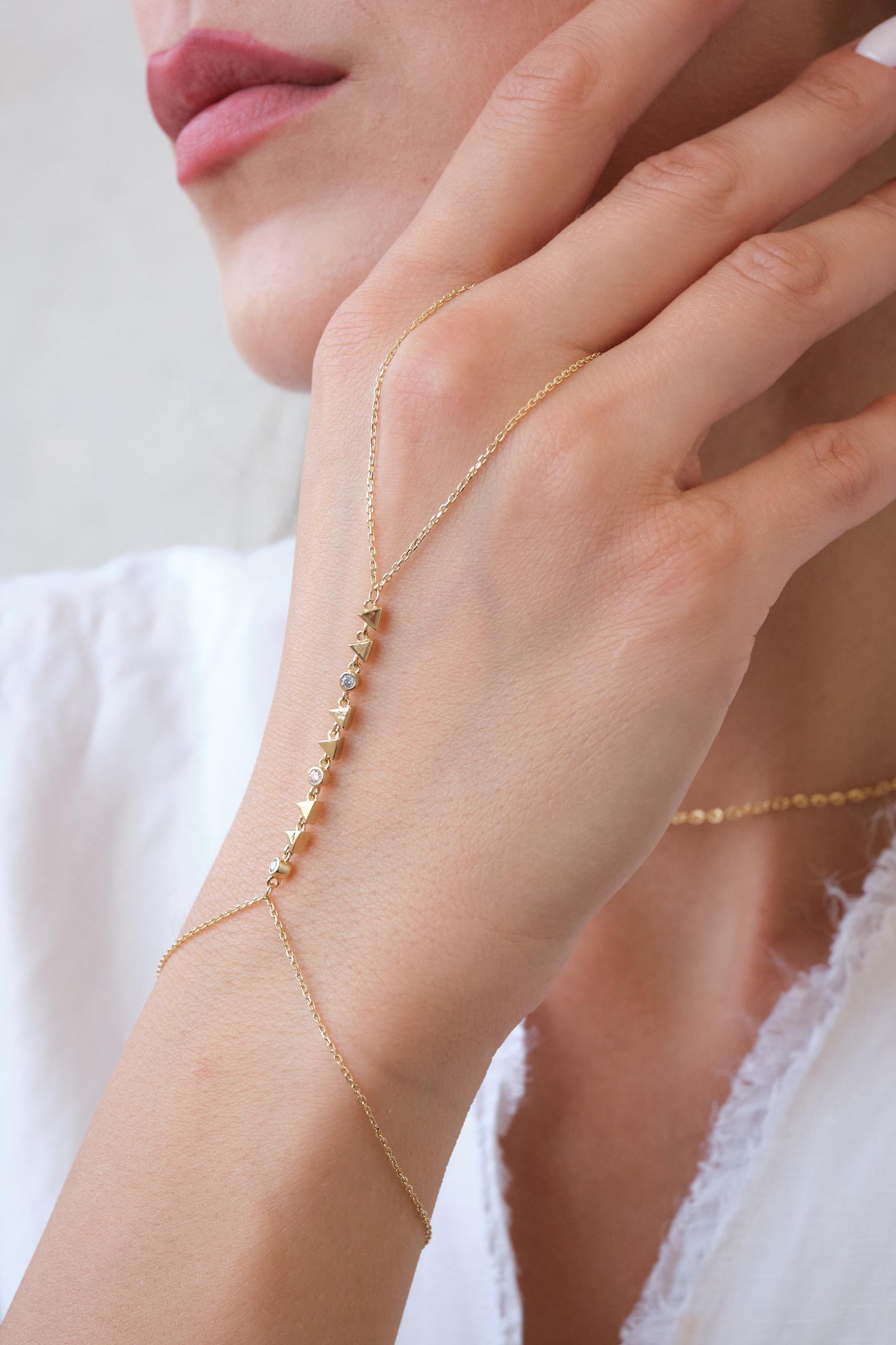 14K Gold Slave Hand Chain Bracelet, Cz Ring Bracelet, Minimal Hand Harness Jewelry for Women