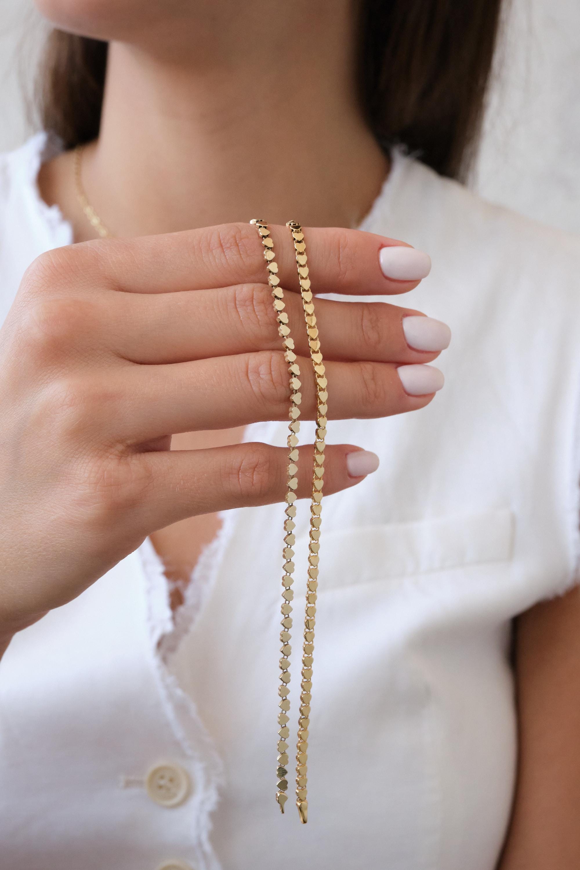 14K Gold Heart Bracelet, 3mm Minimal Dainty Gold Bracelet, Heart Charm Jewelry Gift for Her