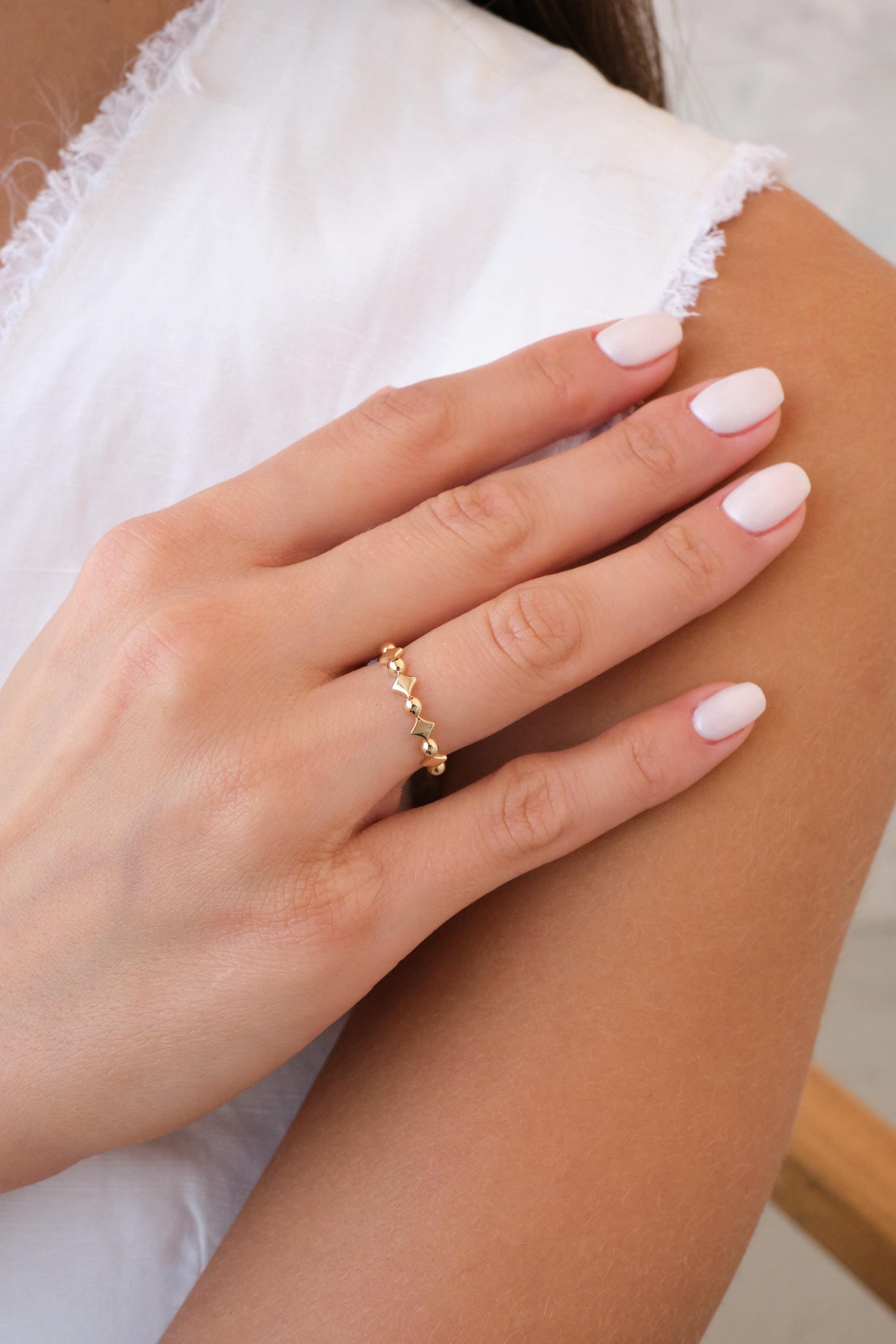 14K Gold Beaded Ring, Zigzag Bead Band, Minimal Gold Ring, Dainty Stacking Ring, Modern Everyday Gold Band