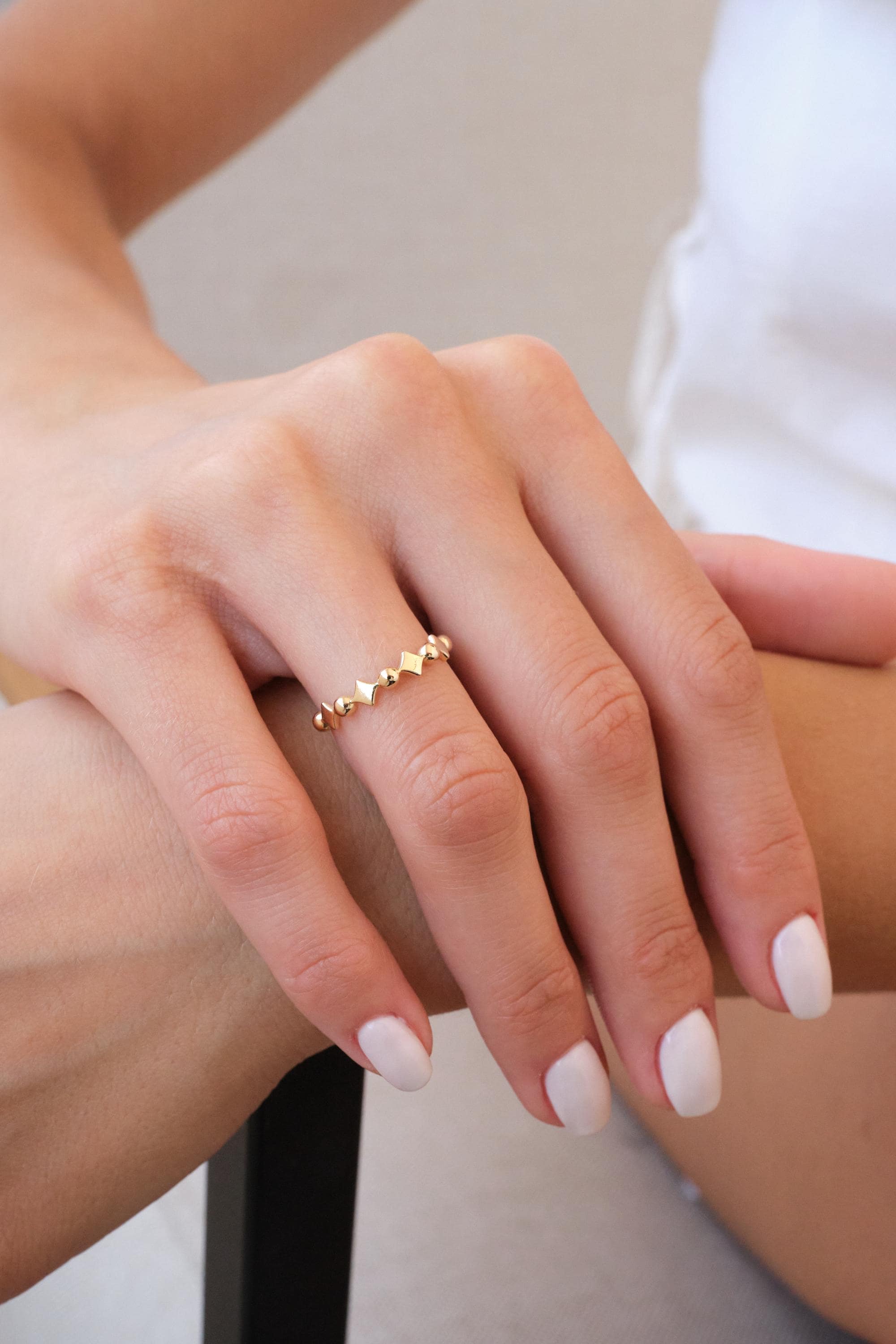 14K Gold Beaded Ring, Zigzag Bead Band, Minimal Gold Ring, Dainty Stacking Ring, Modern Everyday Gold Band