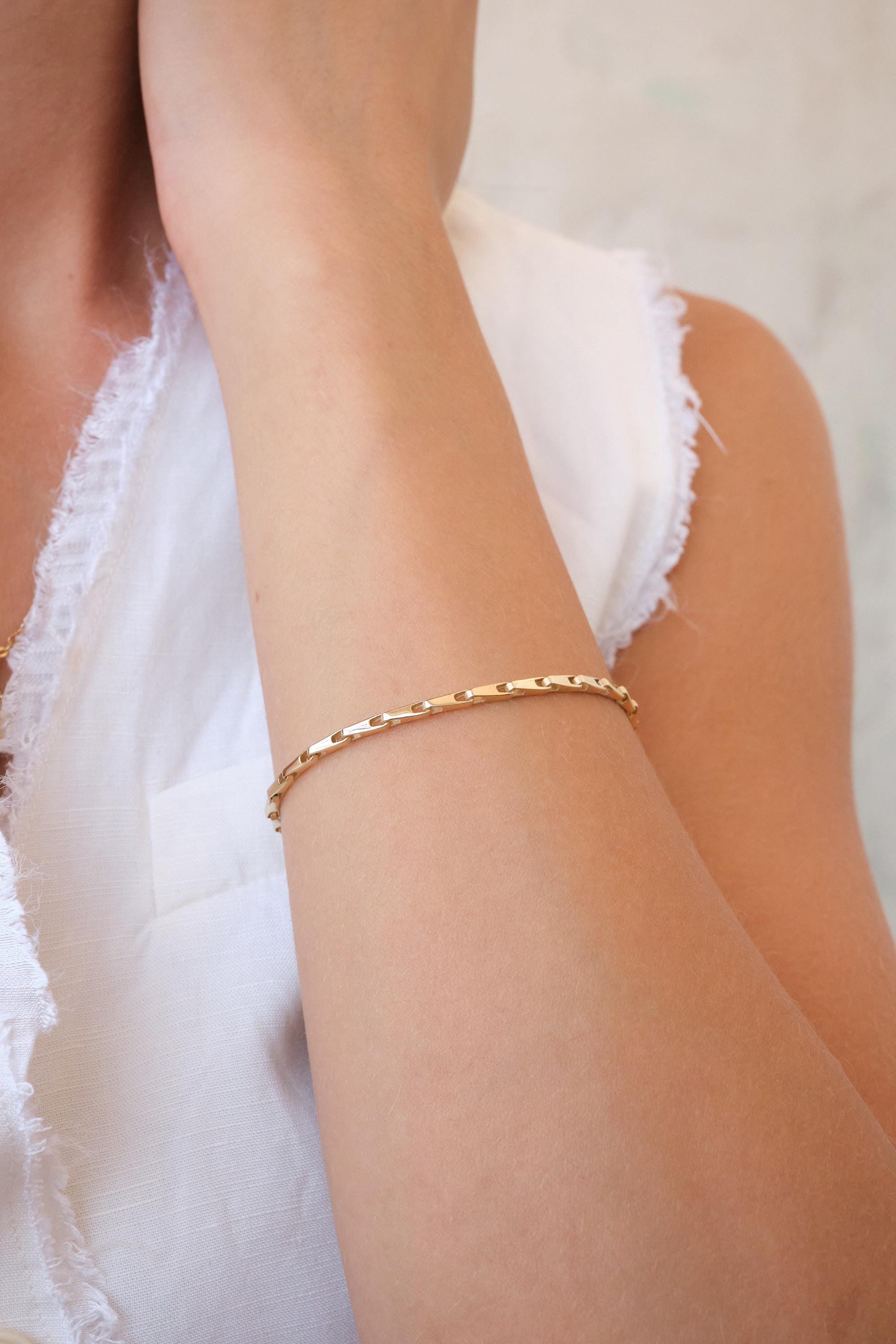 14K Gold Bar Link Bracelet, 2.50mm Minimal Gold Chain Bracelet, Dainty Flat Link Bracelet, Everyday Gold Bracelet, Gift for Her