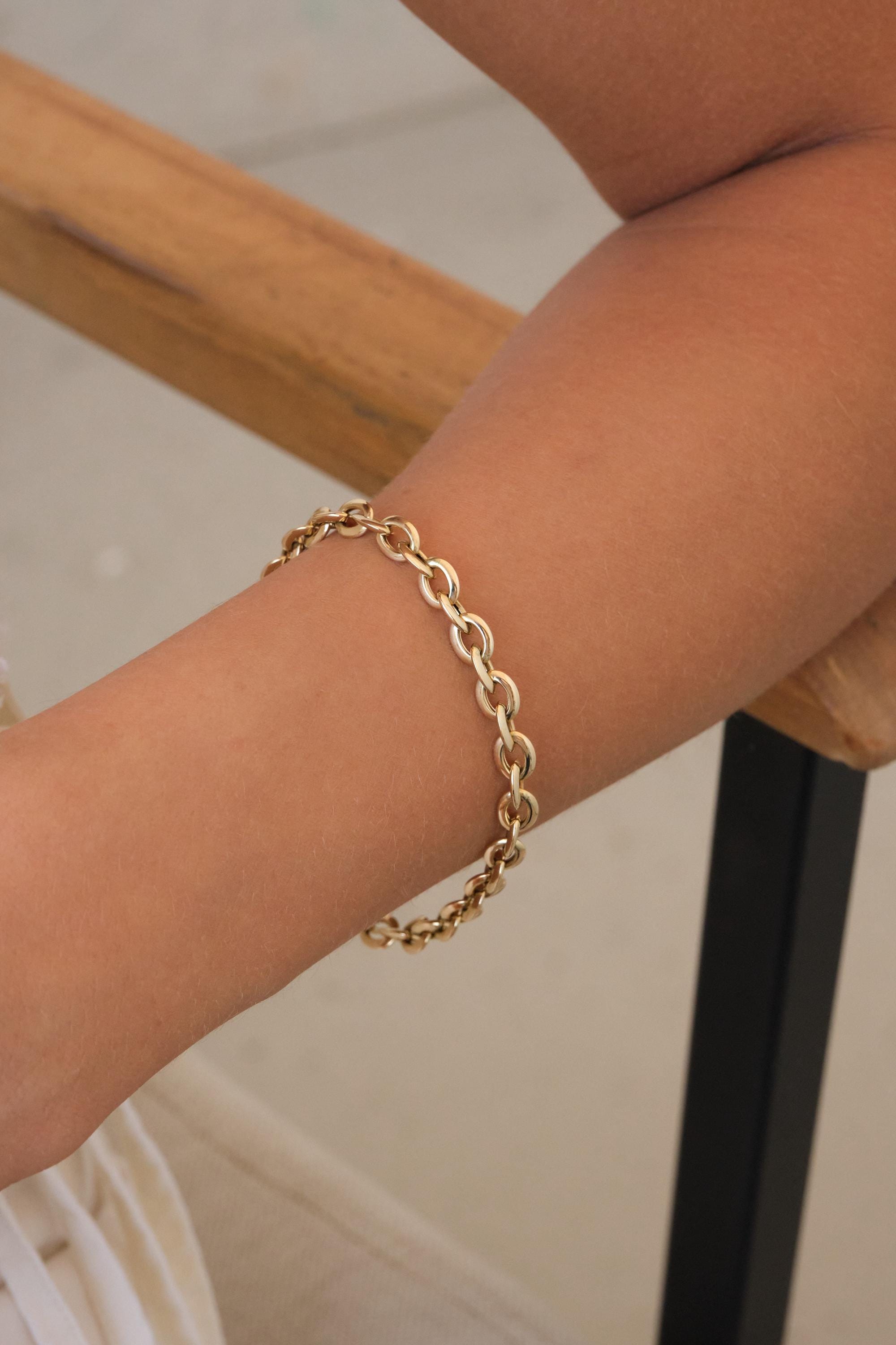 14K Gold Chain Bracelet, 5mm Classic Gold Link Bracelet, Everyday Gold Bracelet, Timeless Real Gold Jewelry Gift for Her