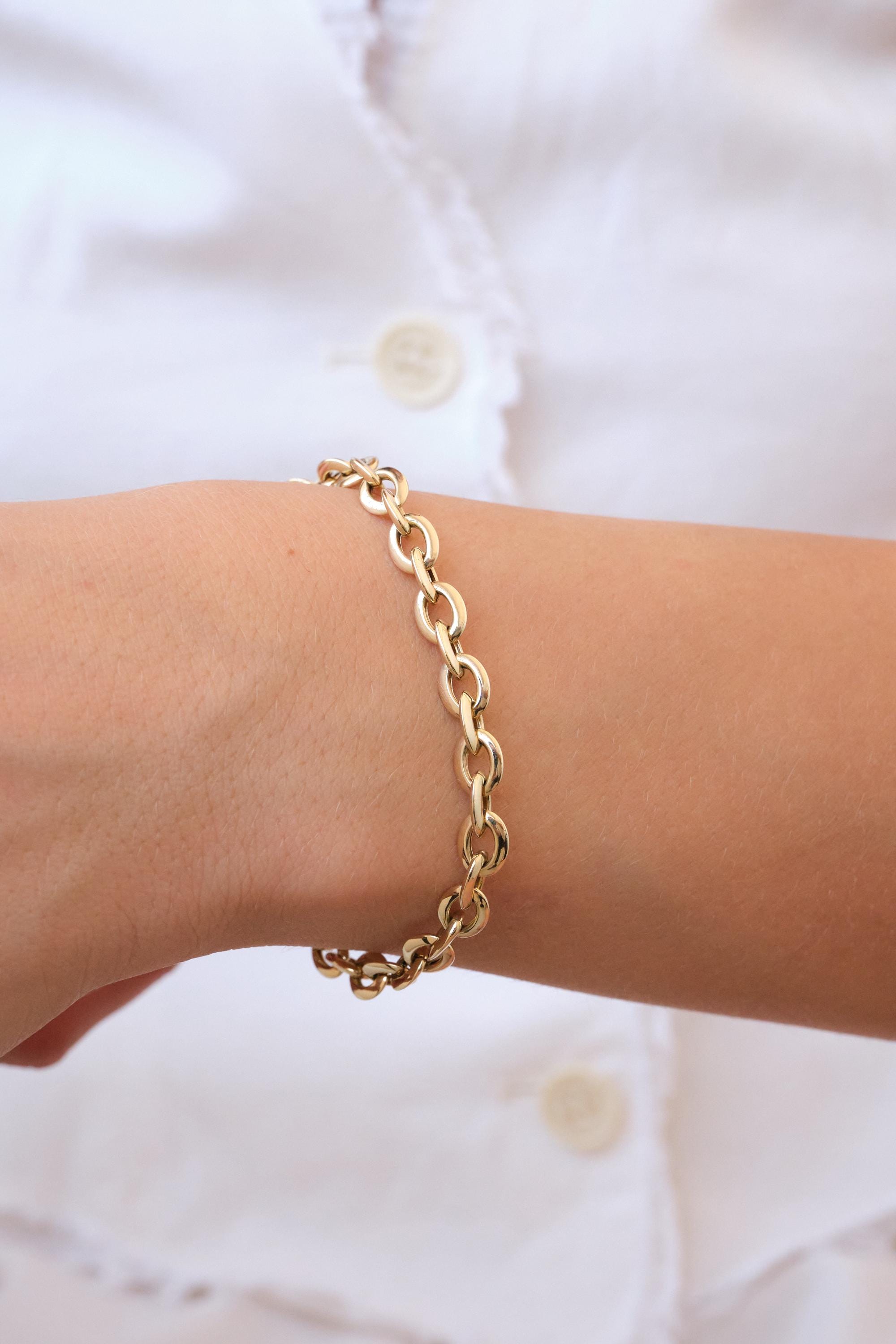 14K Gold Chain Bracelet, 5mm Classic Gold Link Bracelet, Everyday Gold Bracelet, Timeless Real Gold Jewelry Gift for Her