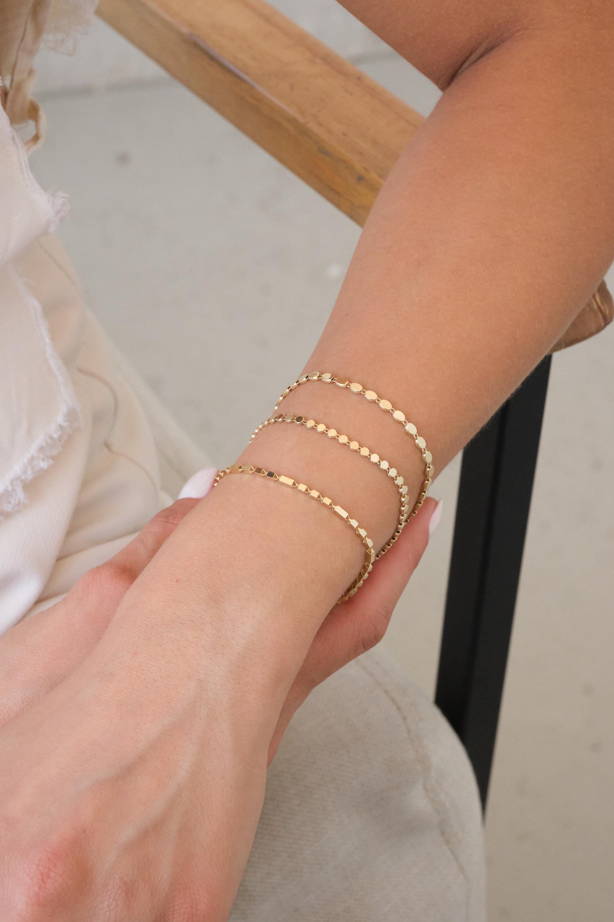 14K Gold Disc Chain Bracelet, 3mm Flat Dot Gold Bracelet, Minimal Everyday Gold Chain, Solid Gold Stacking Bracelet Gift for Her