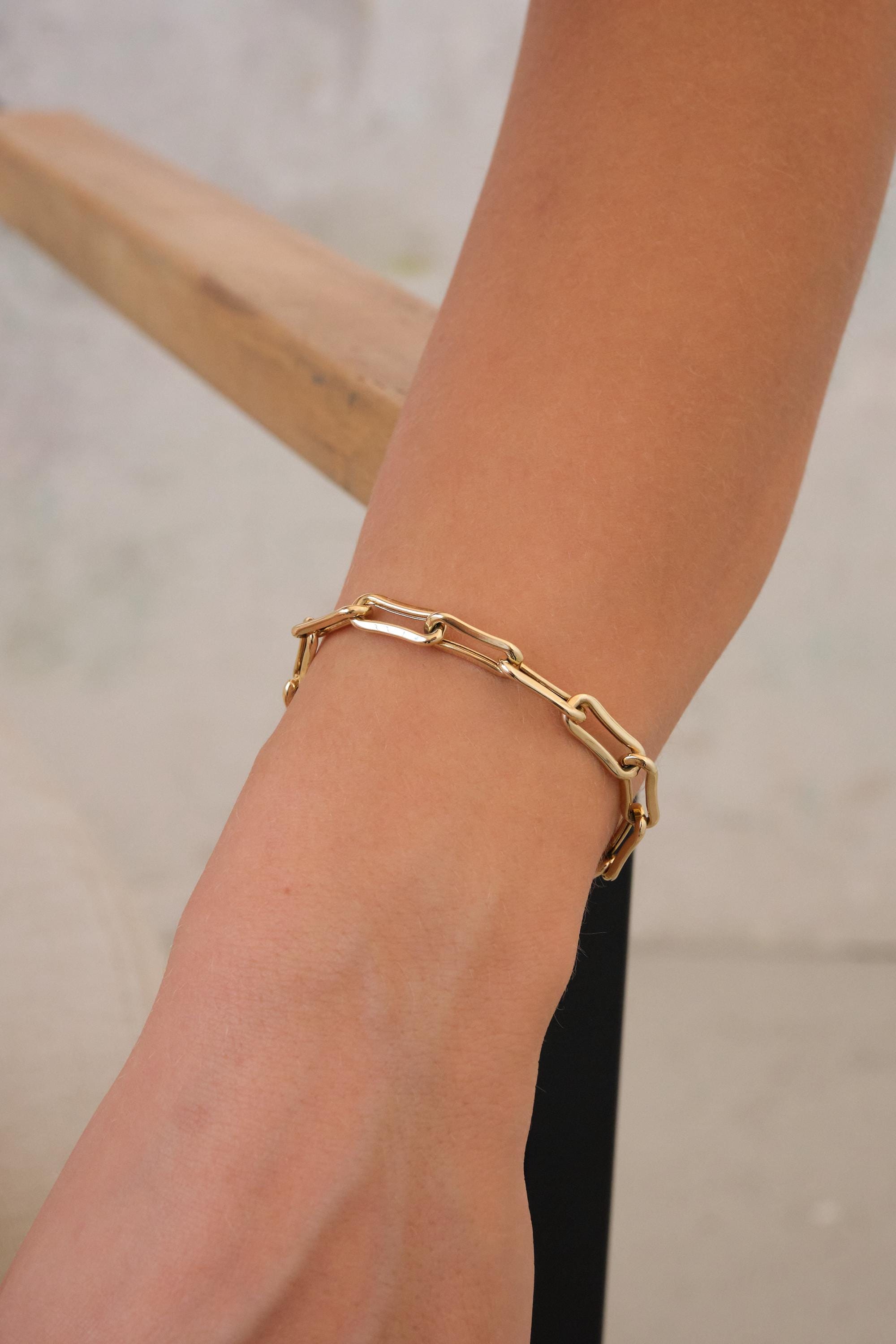 14K Gold Paperclip Chain Bracelet, Elongated Link Gold Bracelet, Minimal Solid Gold Chain, Everyday Stacking Bracelet Gift