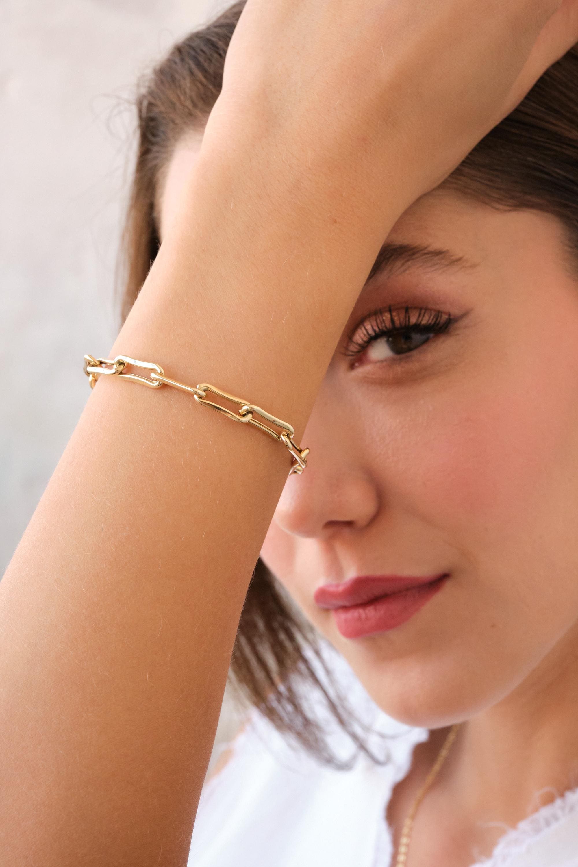 14K Gold Paperclip Chain Bracelet, Elongated Link Gold Bracelet, Minimal Solid Gold Chain, Everyday Stacking Bracelet Gift