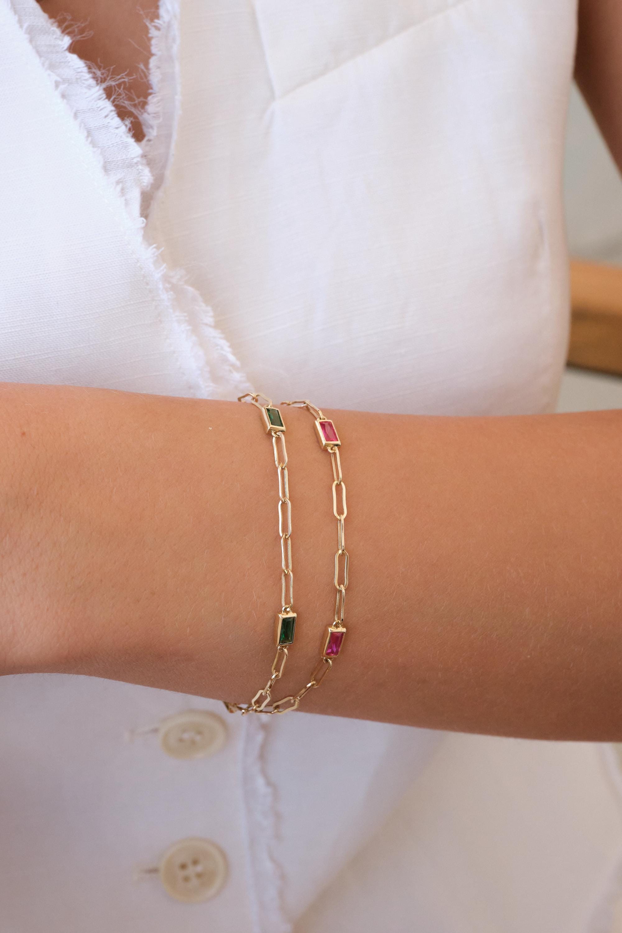 14K Gold Paperclip Chain Bracelet, Gemstone Link Bracelet, Dainty Gold Bracelet, Minimal Everyday Gold Jewelry Gift for Her