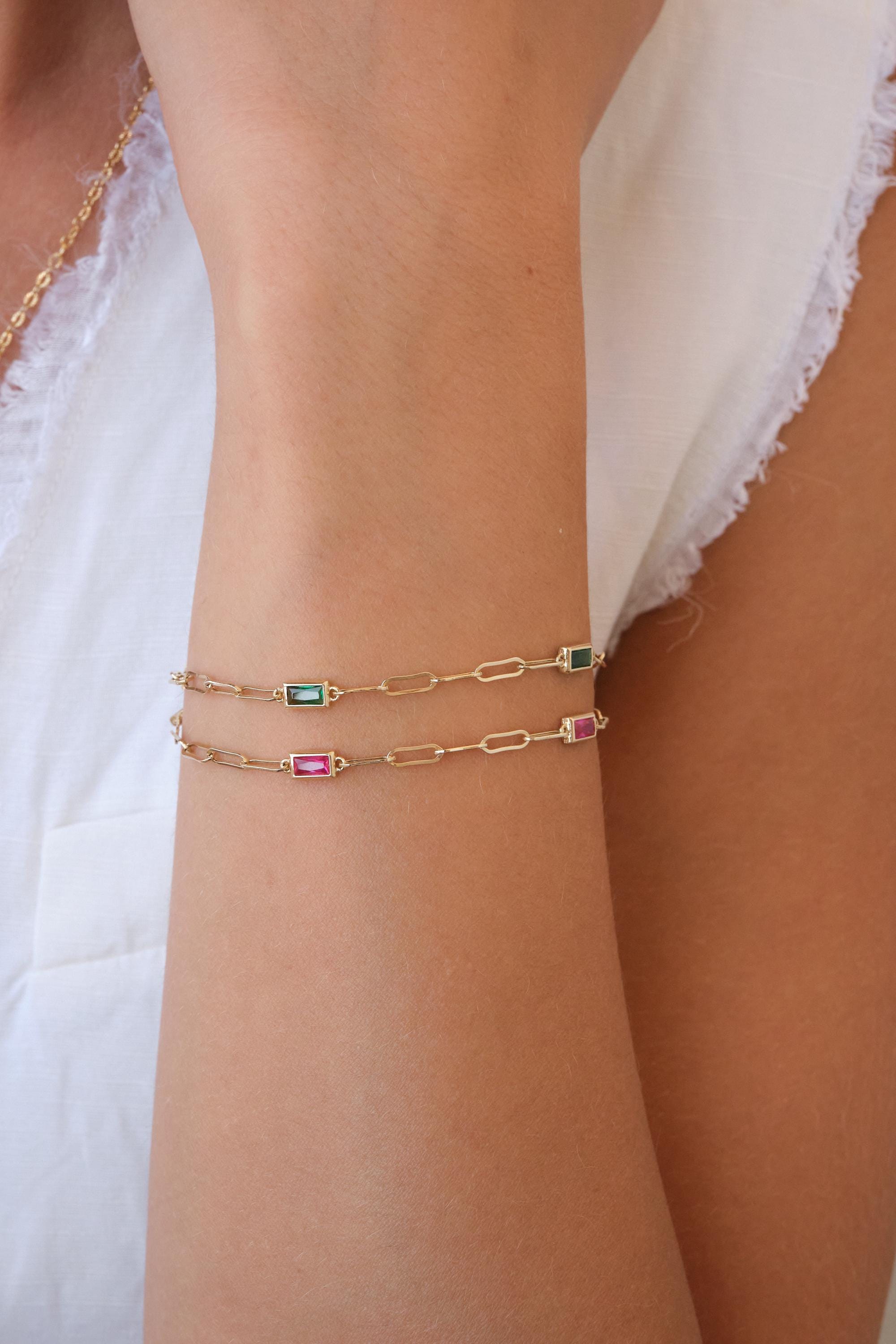 14K Gold Paperclip Chain Bracelet, Gemstone Link Bracelet, Dainty Gold Bracelet, Minimal Everyday Gold Jewelry Gift for Her