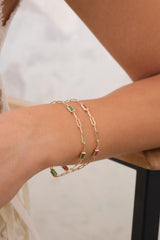 14K Gold Paperclip Chain Bracelet, Gemstone Link Bracelet