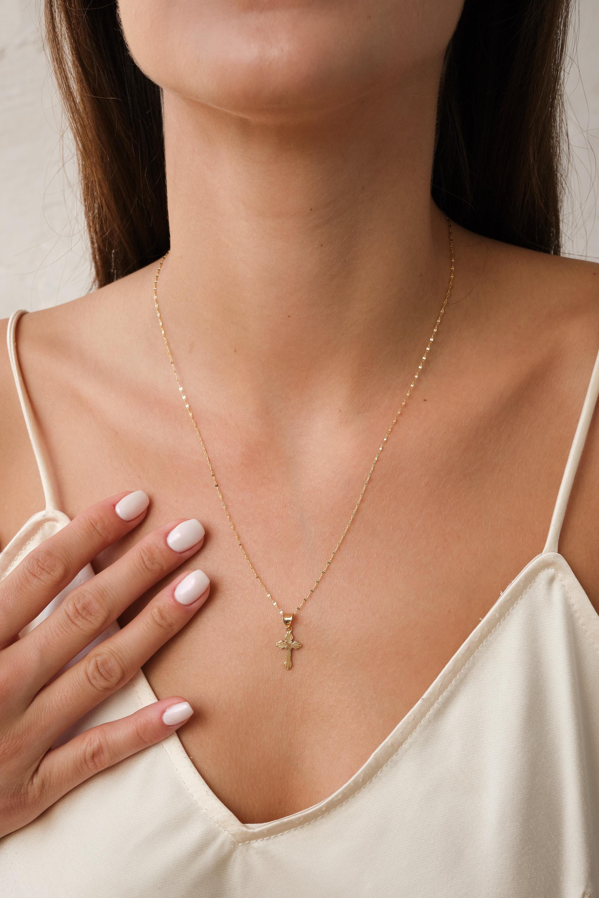 14K Gold Cross Necklace, Minimal Gold Cross Pendant, Dainty Everyday Gold Sequin Mirror Necklace, Religious Gold Jewelry Gift for Her