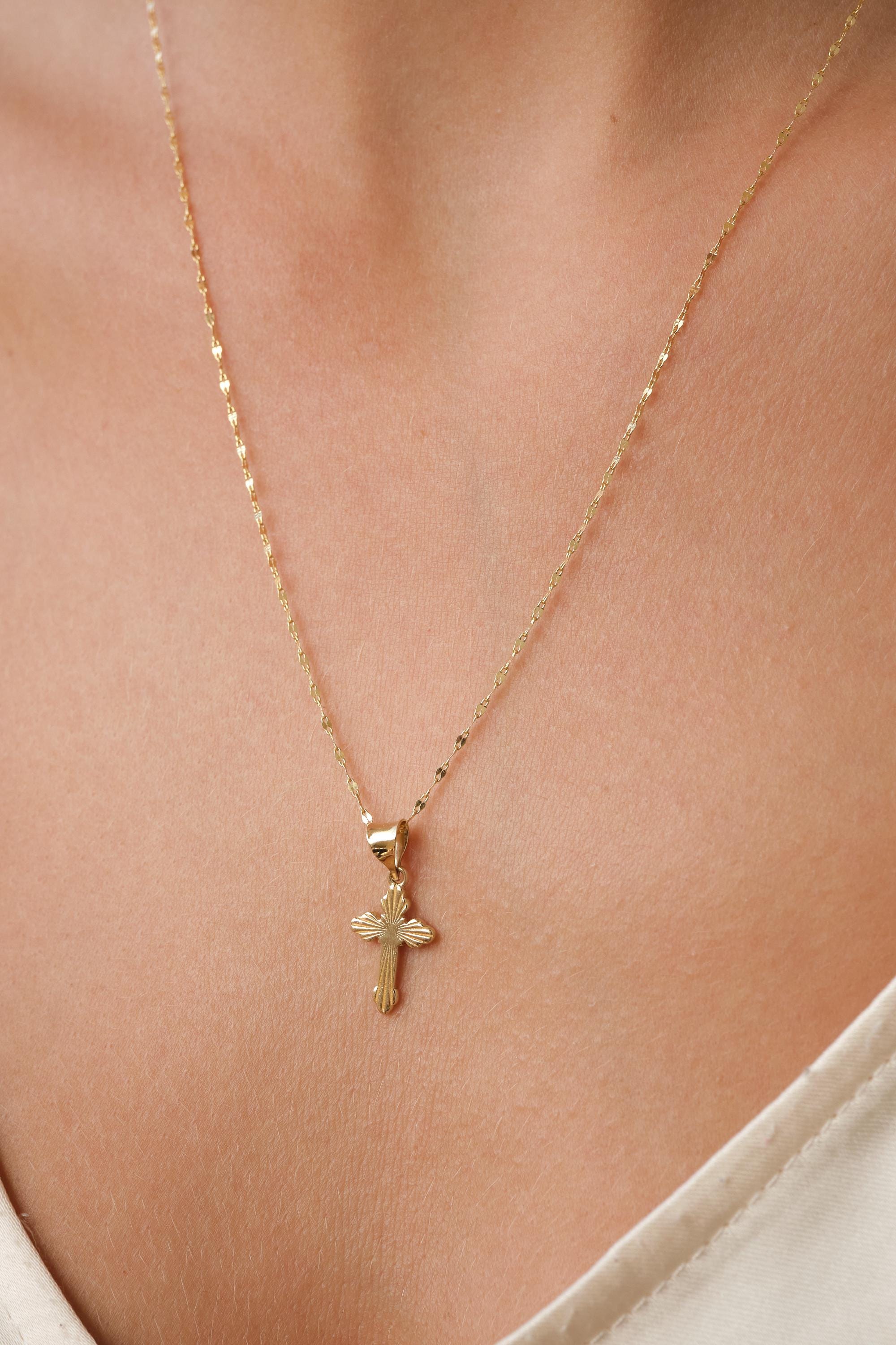 14K Gold Cross Necklace, Minimal Gold Cross Pendant, Dainty Everyday Gold Sequin Mirror Necklace, Religious Gold Jewelry Gift for Her