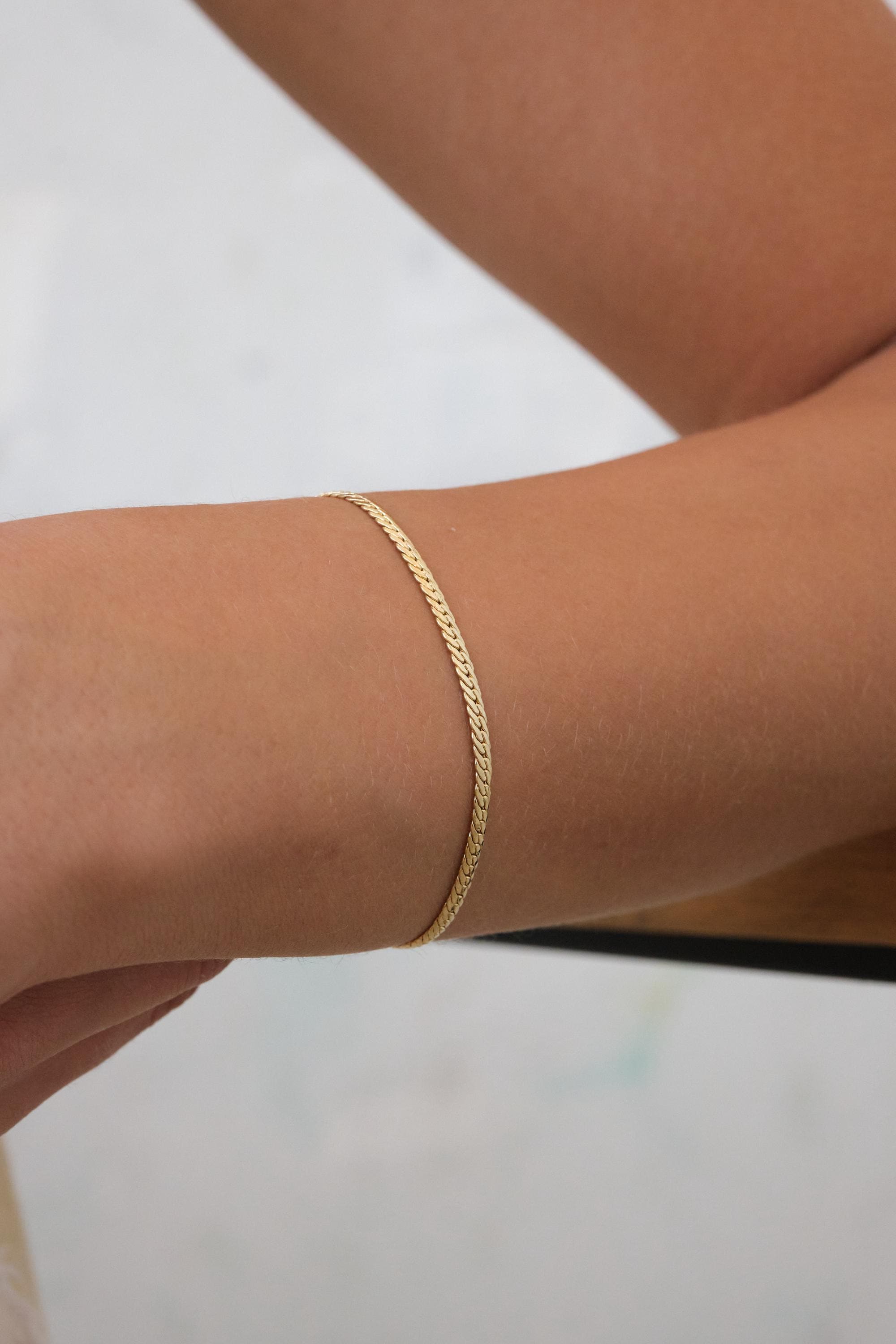 14K Gold 2.5MM Cuban Link Bracelet, Curb Chain Bracelet, Bold Link Chunky Vintage Chain Anklet, Men Women Stacking Bracelet, Gift For Her